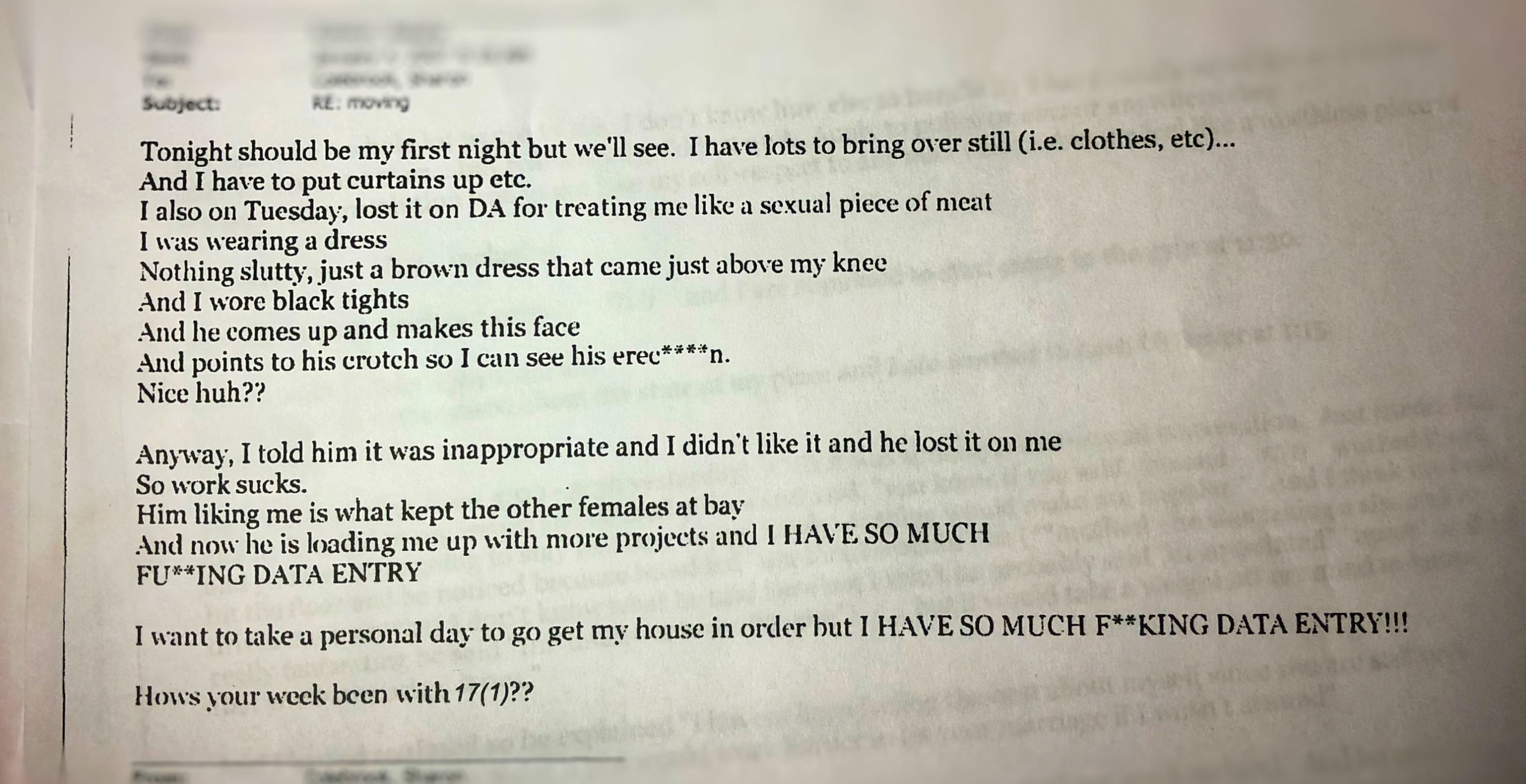 In this Jan. 4, 2007, email, Liz tells a co-worker that Allen retaliated against her after she got angry with him for pointing to his erection.