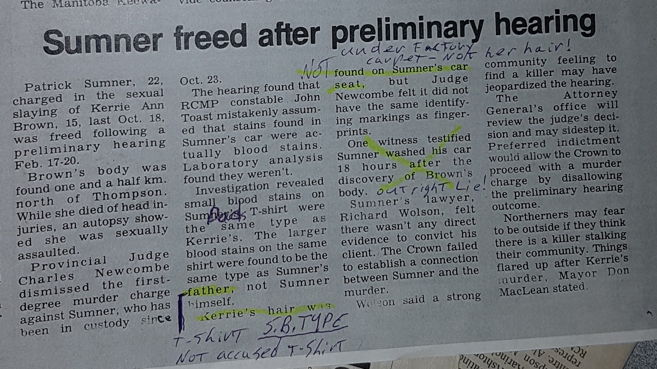 Patrick Sumner held onto, and made notes on, newspaper clippings from the time of his preliminary trial. He's crossed out and highlighted some passages in this 1987 article he says reported inaccurate details about the case.