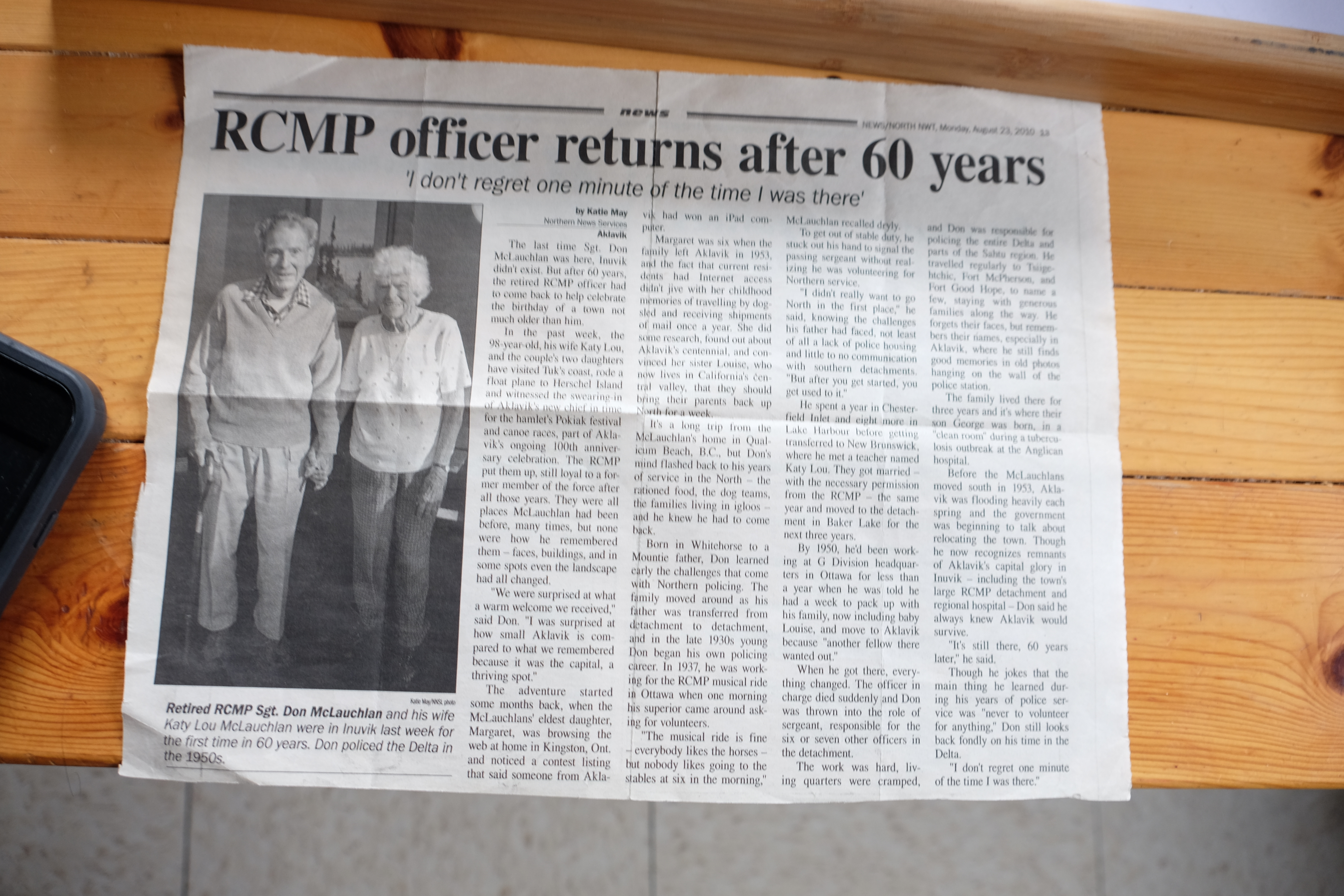 Don and Katy-Lou McLauchlan were in the newspaper when they returned to Aklavik after 60 years. (Jamie Malbeuf/CBC)