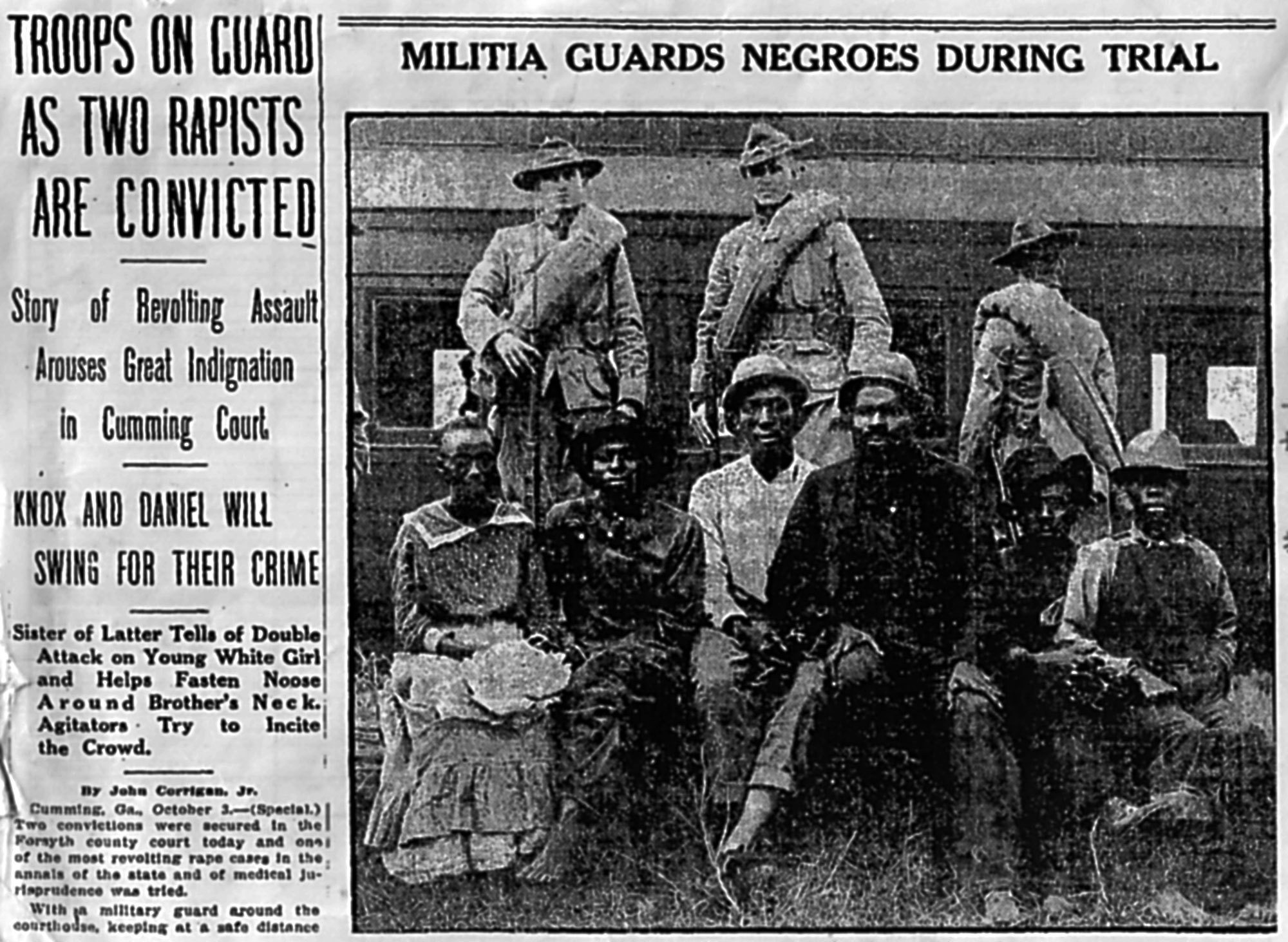 A 1912 edition of the Atlanta Constitution reported on the hanging of two men accused of killing a white woman in Forsyth. The attached photo did not identify which men were the accused. (Atlanta Constitution)