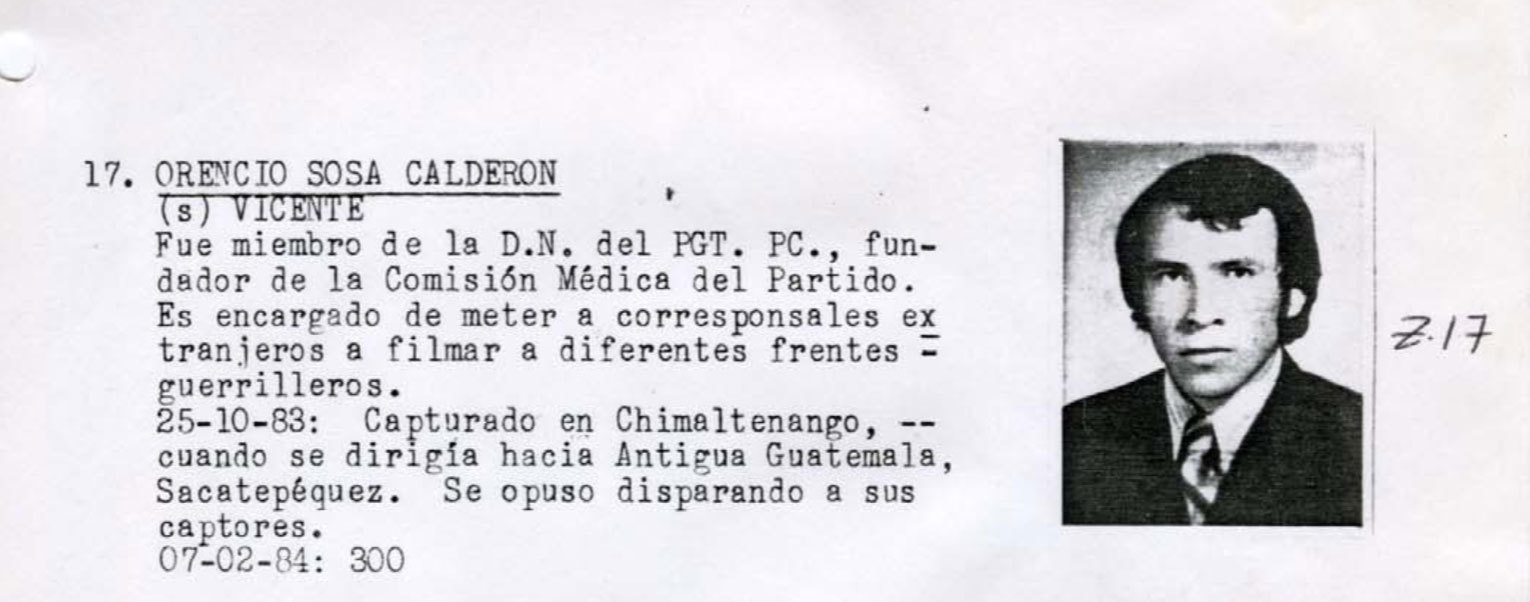 Orencio Sosa Calderon was a medical doctor working at a hospital in Chimaltenango, west of the capital, when he became the victim of a forced disappearance. The photograph on his entry in the Military Diary is that of an unknown man, although the notes on Calderon are accurate, according to his wife. (National Security Archive)