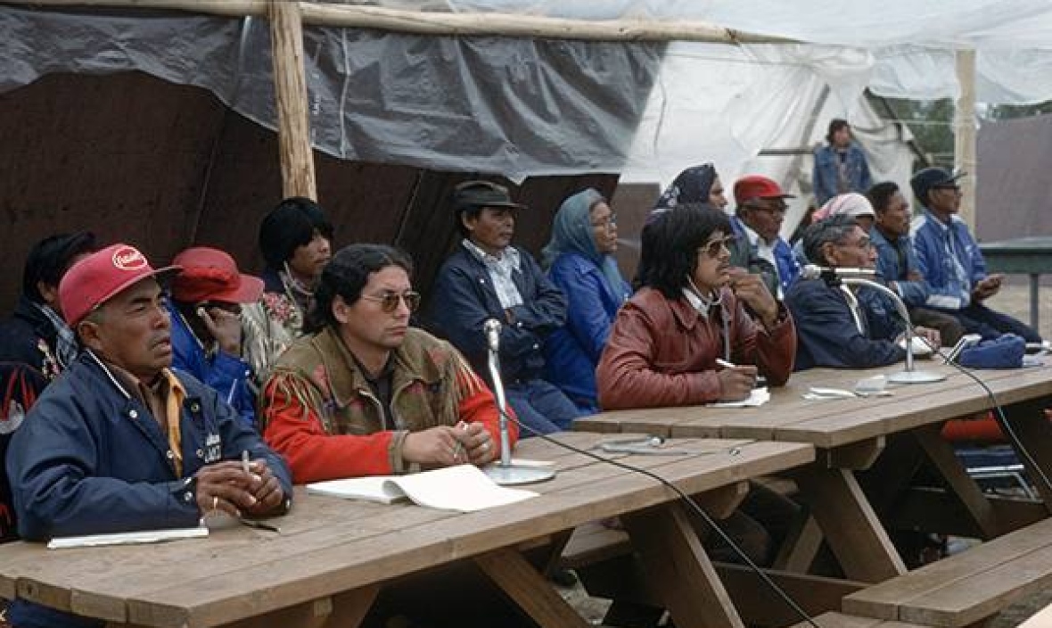 Chiefs at the 1978 assembly of the Dene Nation. The Dene Nation was formed after a 1969 reading of Treaty 11 that was the first time many chiefs heard the government's text of the agreement they signed in 1921. (Fumoleau/NWT Archives/N-1995-002-1590)