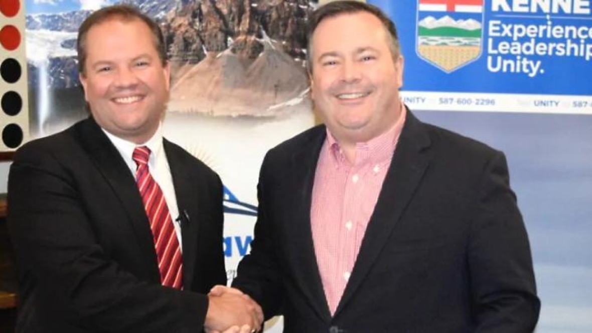 Jeff Callaway, left, and Jason Kenney. Callaway ran a kamikaze campaign in collaboration with Kenney to attack Brian Jean during the leadership race. (Jason Kenney campaign)