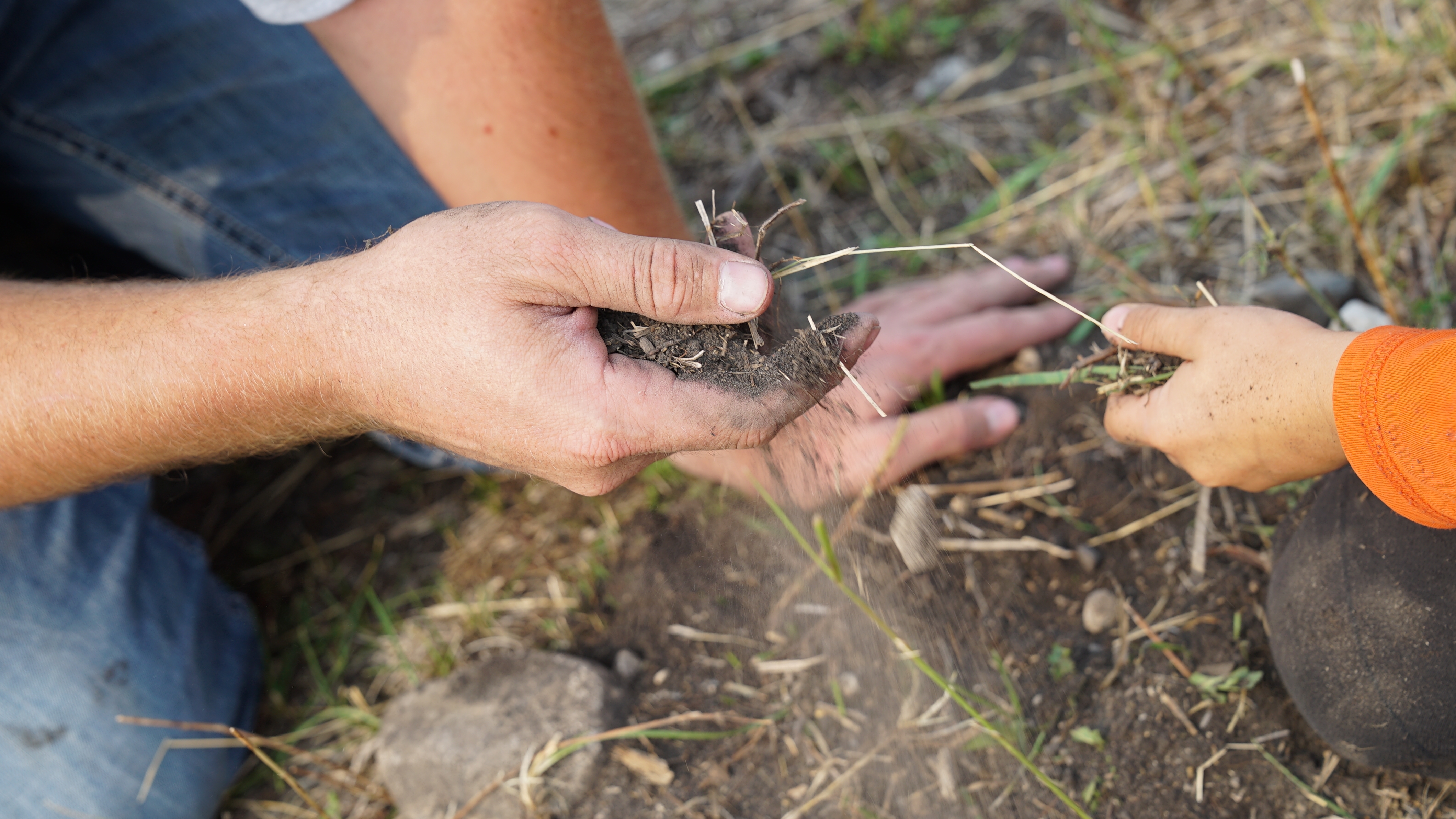 Kiesman, with his son Asher, sifts through dry soil on his farm. 'It’s a great lifestyle, but right now it’s not the best business,' the rancher says. (Jaison Empson/CBC)