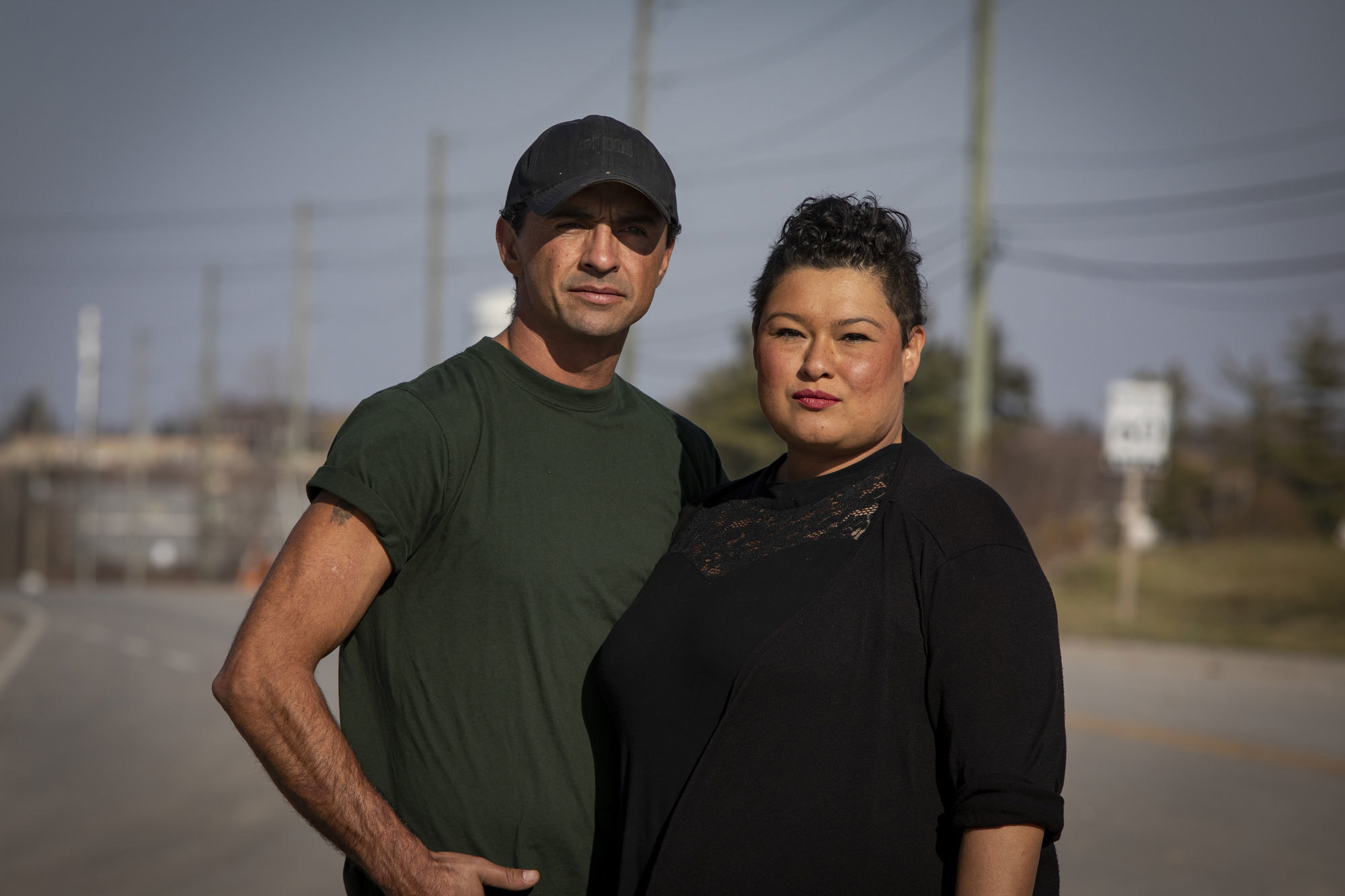 Skyler and Kahsenniyo Williams, photographed at the intersection of Argyle Street South and 6th Line. (Evan Mitsui/CBC)