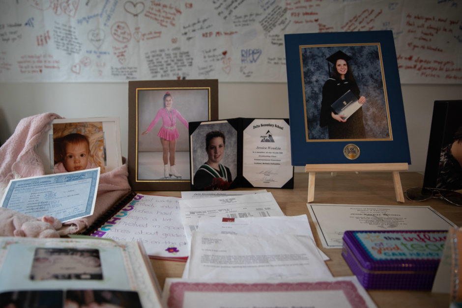 Kathy Woudzia, surrounded by images of her daughter, in her Ladner home.