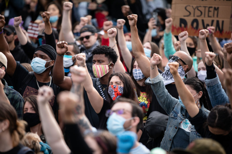 People gather to protest racism, injustice, and police brutality in Vancouver on Friday, June 5, 2020. (Maggie MacPherson/CBC)