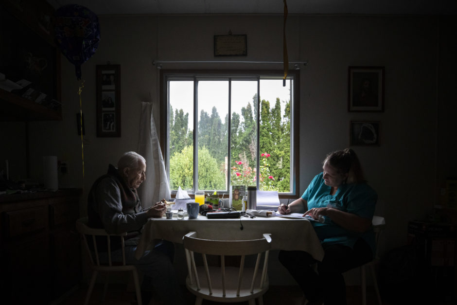 Jenny Kaastra, who works with clients in the Fraser Valley, is pictured with her patient Rolf-dieter Klose in Abbotsford, British Columbia on Wednesday, August 21, 2019.