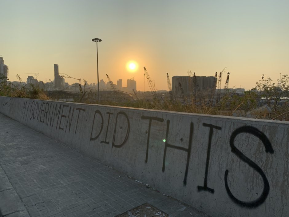 A graffiti-ed message overlooking the devastation of Beirut's port blast on Aug. 4 reflects the public's anger against those many see responsible.