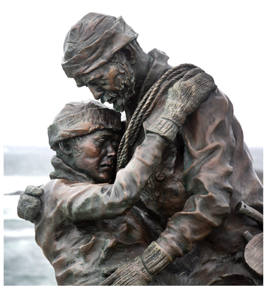 The Sealers Memorial in Elliston, Newfoundalnd and Labrador on Friday, April 16, 2021. The bronze sculpture depicts Reuben and Albert John Crewe, who froze to death, in each other's arms, during the sealing disaster of 1914. Photo by Paul Daly