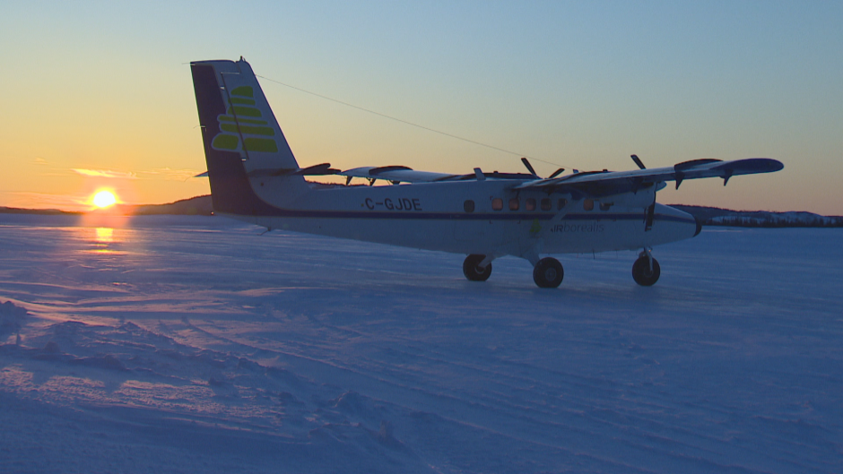 An Air Borealis plane at the Goose Bay airport at sunset in mid-February.