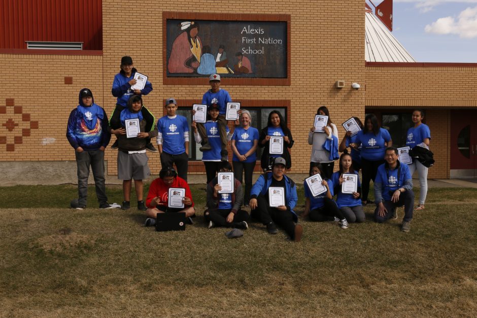 A picture of the graduating class of CBC Edmonton's first mentorship program with Alexis Nakota Sioux Nation.