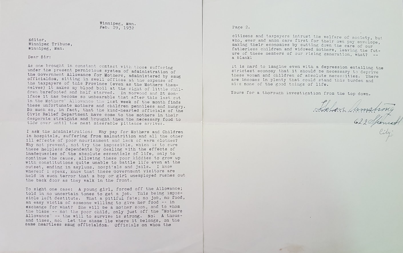 Helen Armstrong wrote this letter to the editor in the Winnipeg Tribune in 1932, advocating for the mothers' allowance. (Archives of Manitoba/Helen Armstrong fonds)