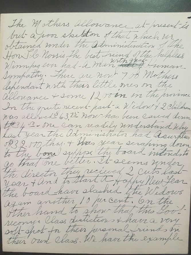 A handwritten letter by Helen Armstrong criticizes the low amount of the mothers' allowance. (Helen Armstrong fonds/Archives of Manitoba)