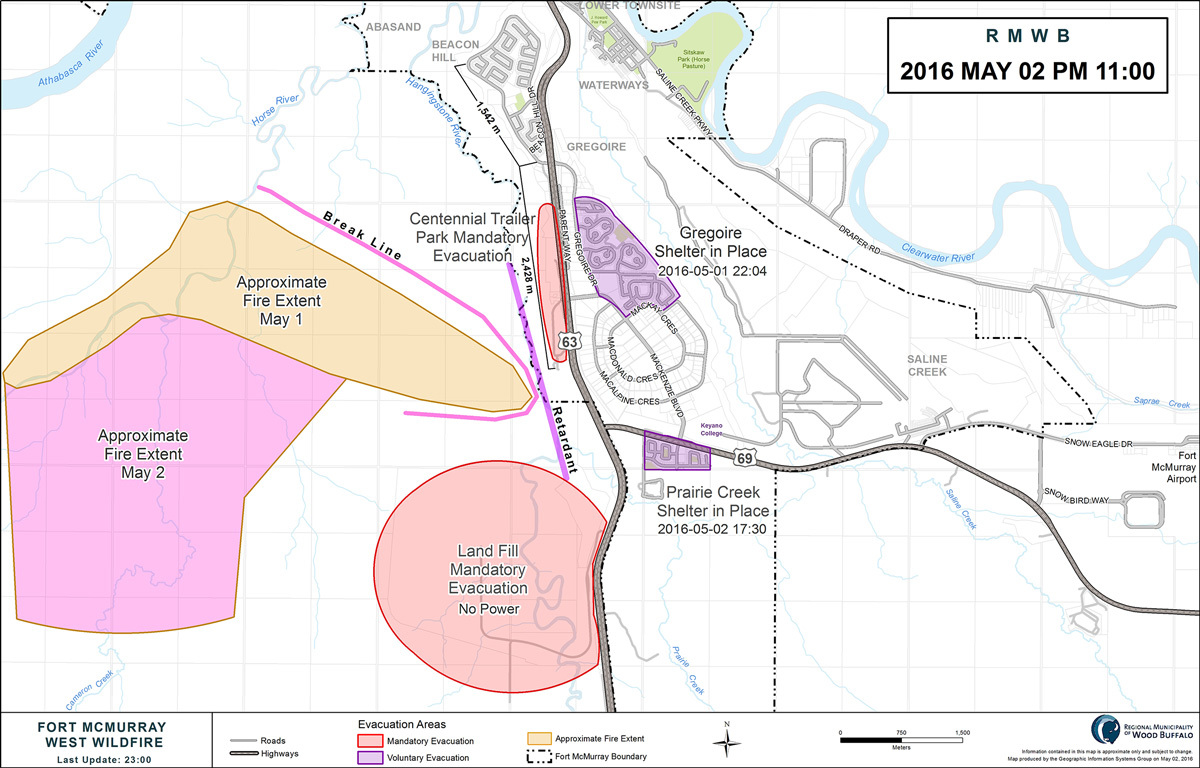 A map of the situation in Fort McMurray on the morning of May 2, highlighting the extent and location of the wildfire. (Regional Municipality of Wood Buffalo)