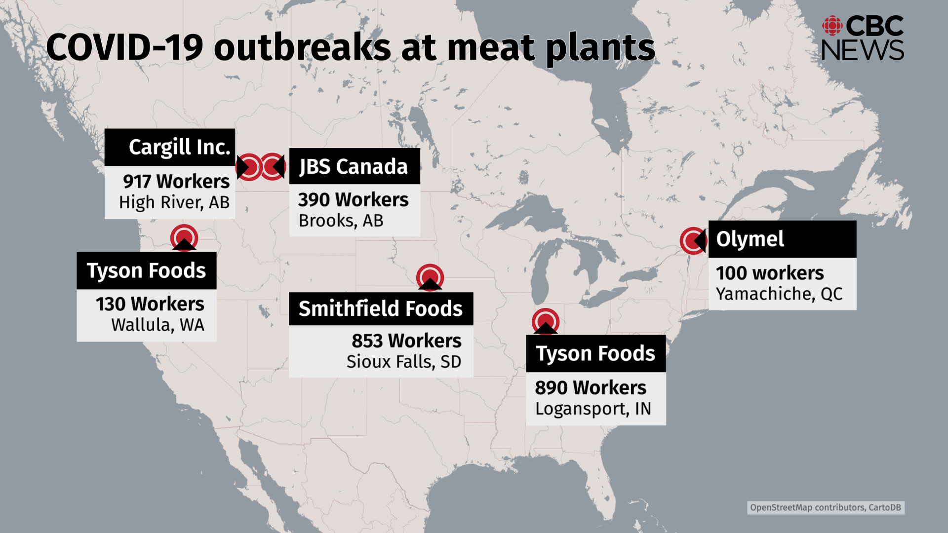 These are some of the largest outbreaks of COVID-19 across North America as of May 1, 2020. (CBC)