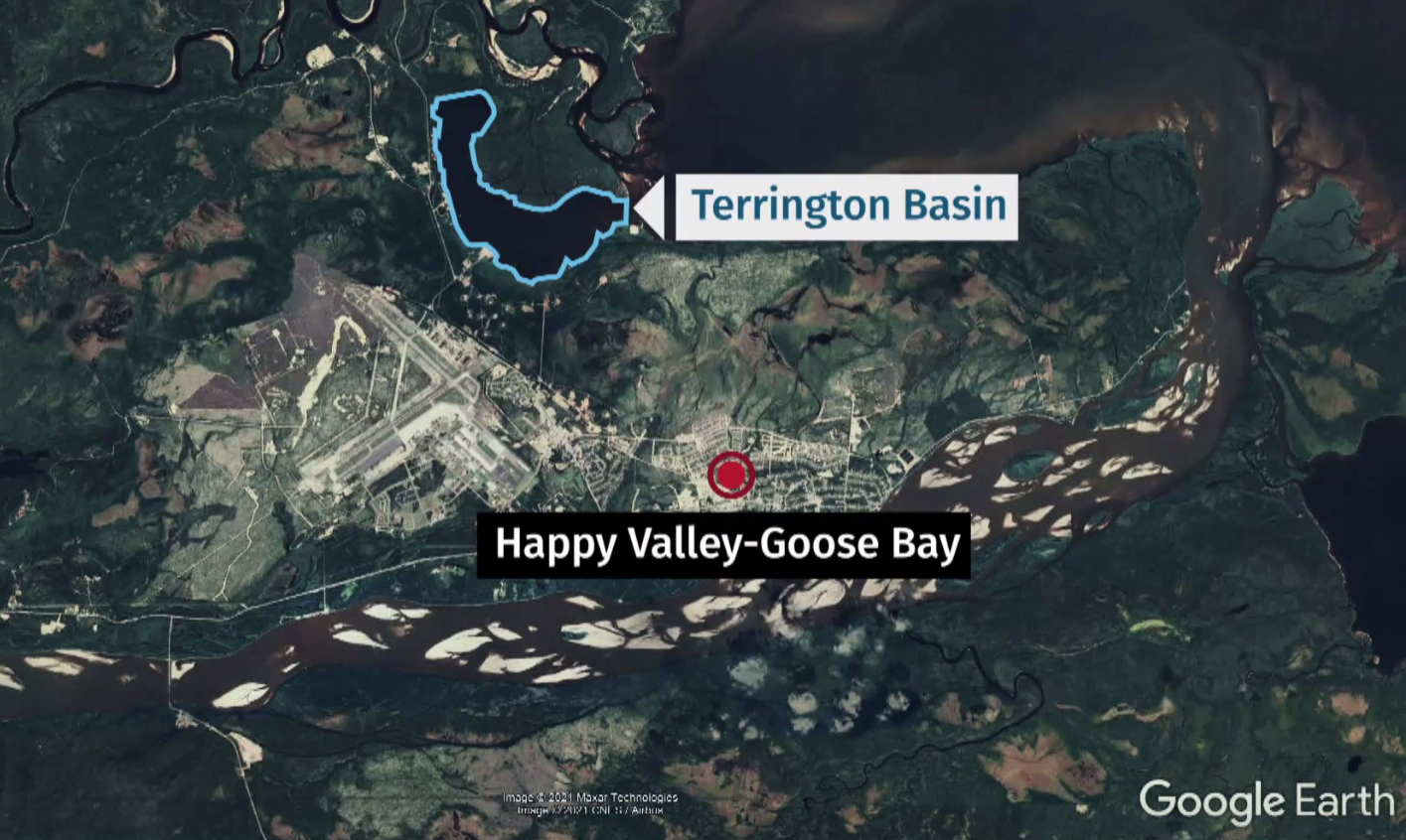 The accident happened in an area known as Terrington Basin, six kilometres outside of Happy Valley-Goose Bay, in central Labrador. (Google Earth)