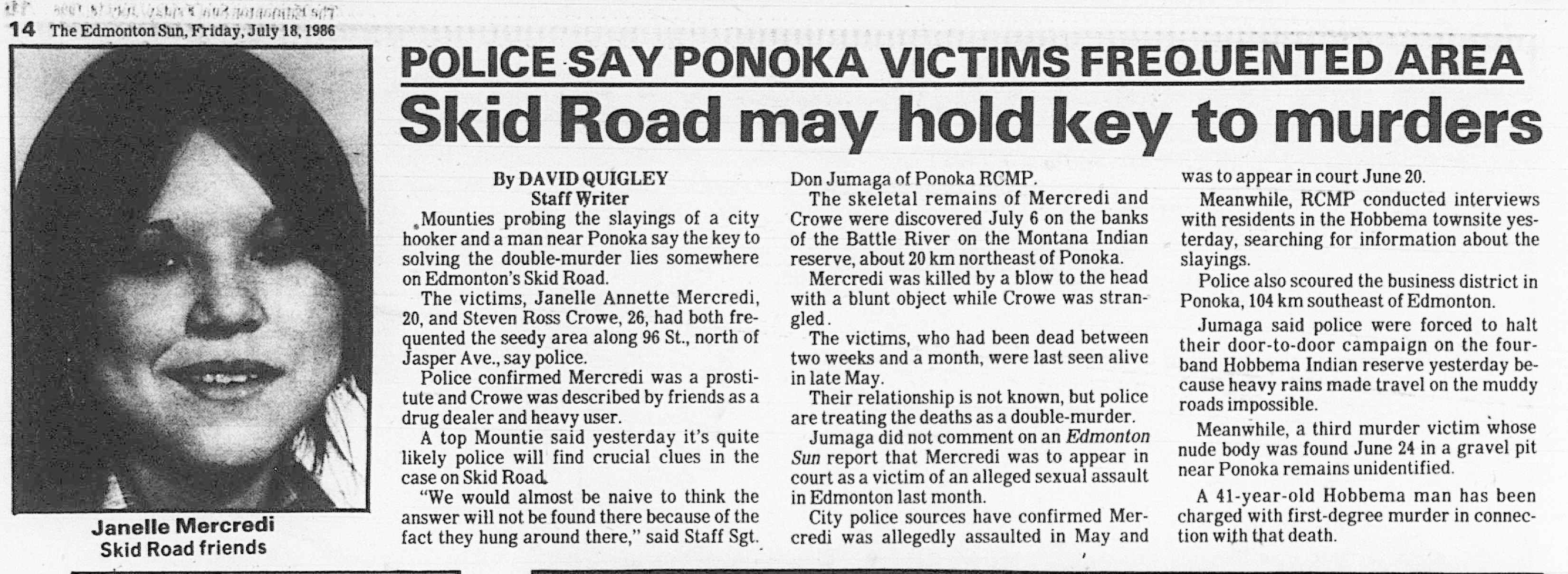 This article about Janelle Mercredi's death appeared in the Edmonton Sun. (Edmonton Public Library)