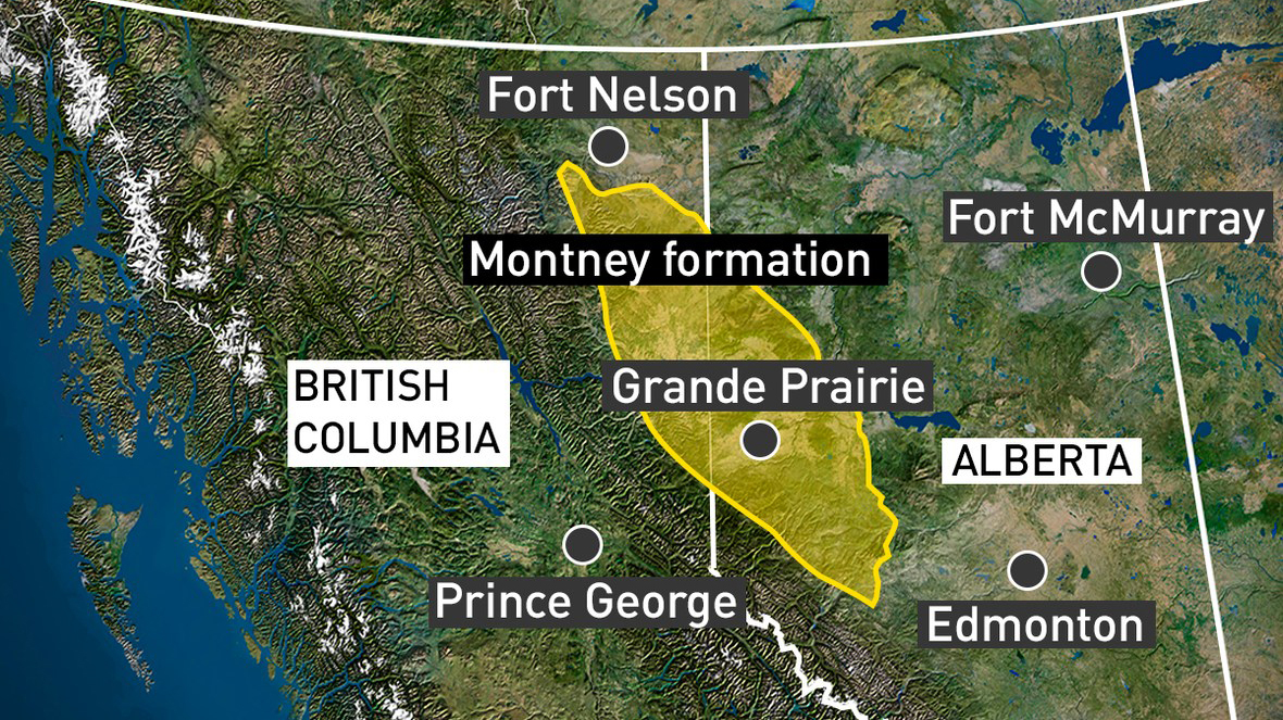 The Montney formation stretches 130,000 square kilometres in a football-shaped diagonal from northeast B.C. into northwest Alberta. (CBC News)