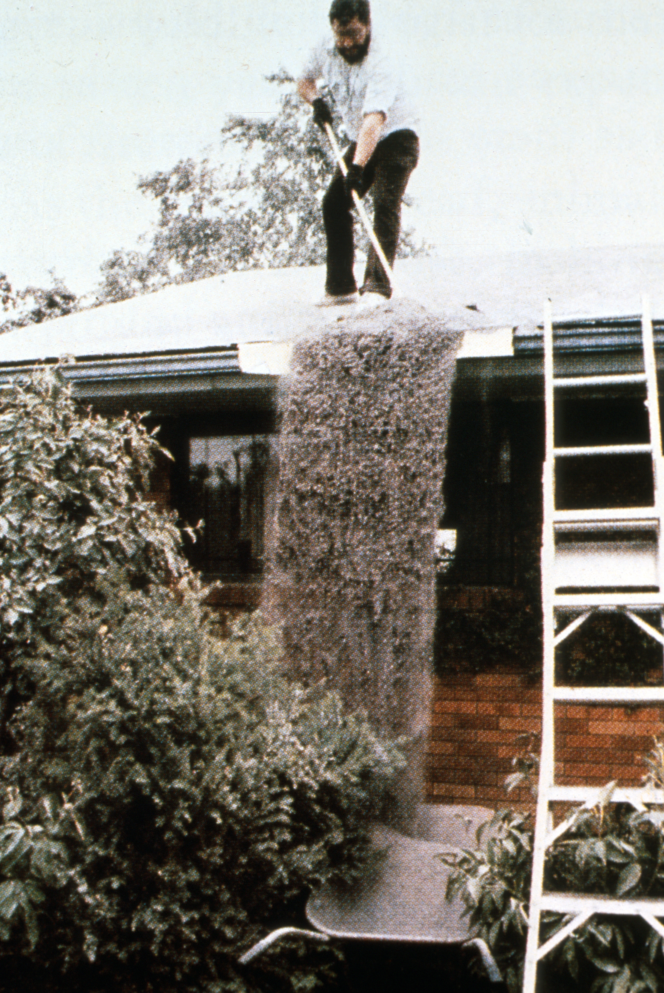 A Washington state resident sweeps ash from the roof of his house on May 18, 1980. (U.S. Geological Survey)