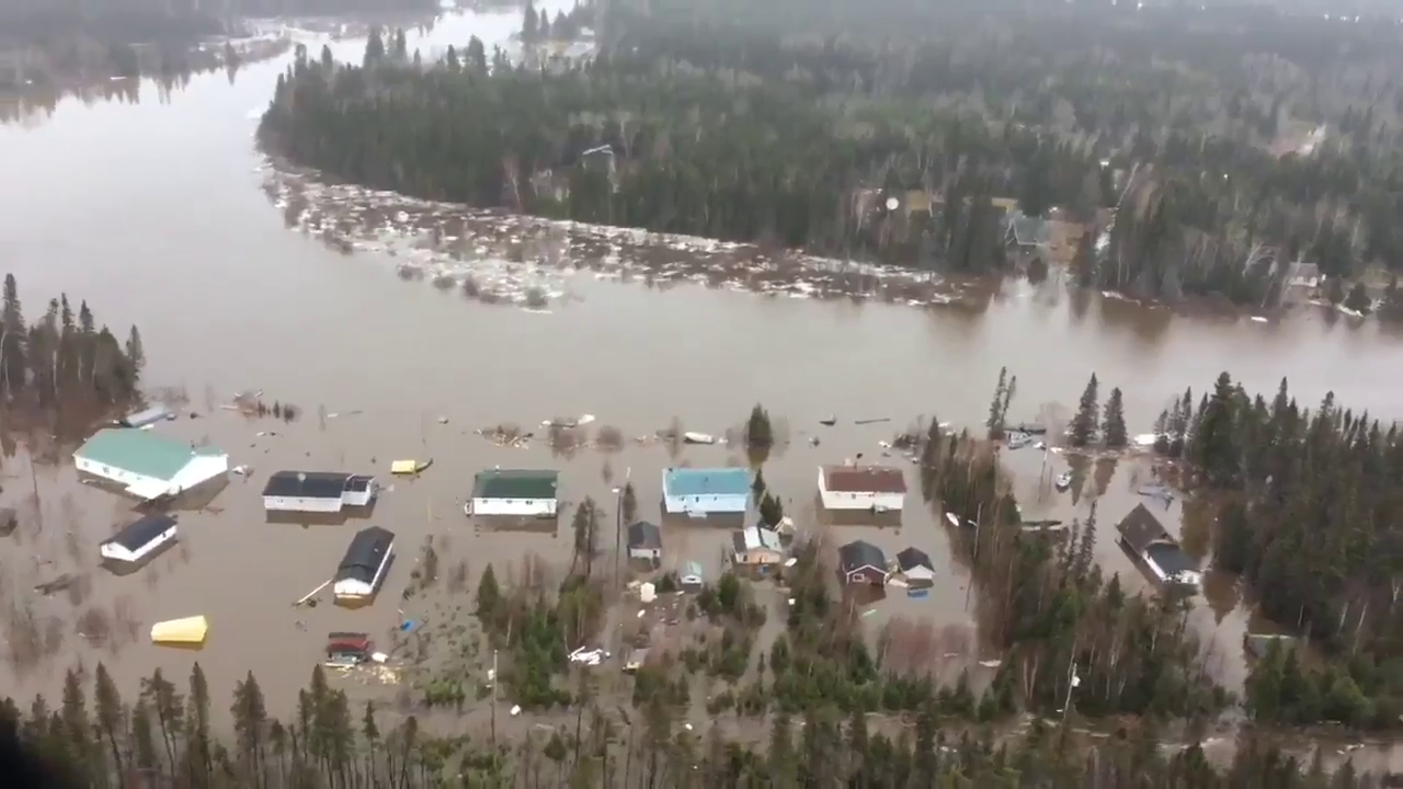 An aerial image from May 17, 2017 shows the flooding in Mud Lake. Several houses were partially submerged. (Bailey White/CBC)