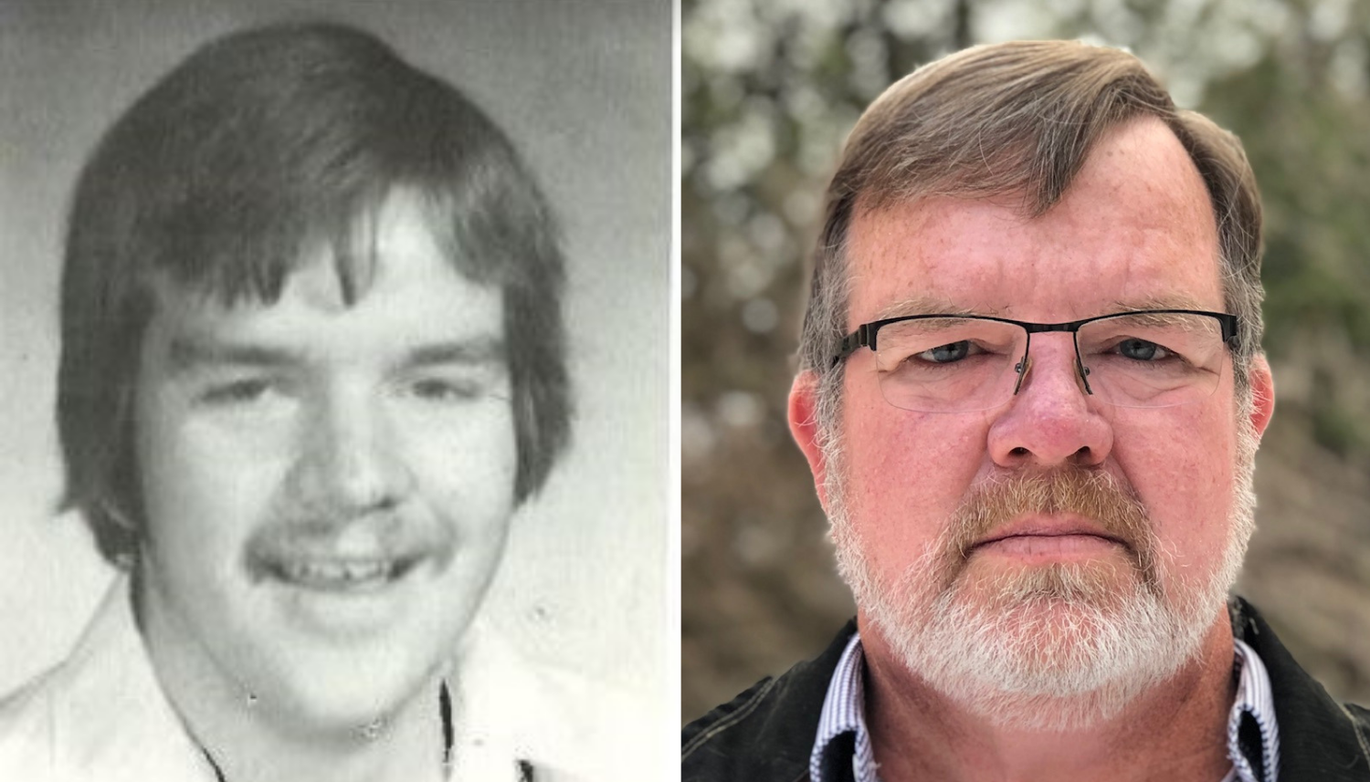 From left, John Myers's yearbook photo from 1979, and Myers in 2018. (Julie Ireton/CBC)