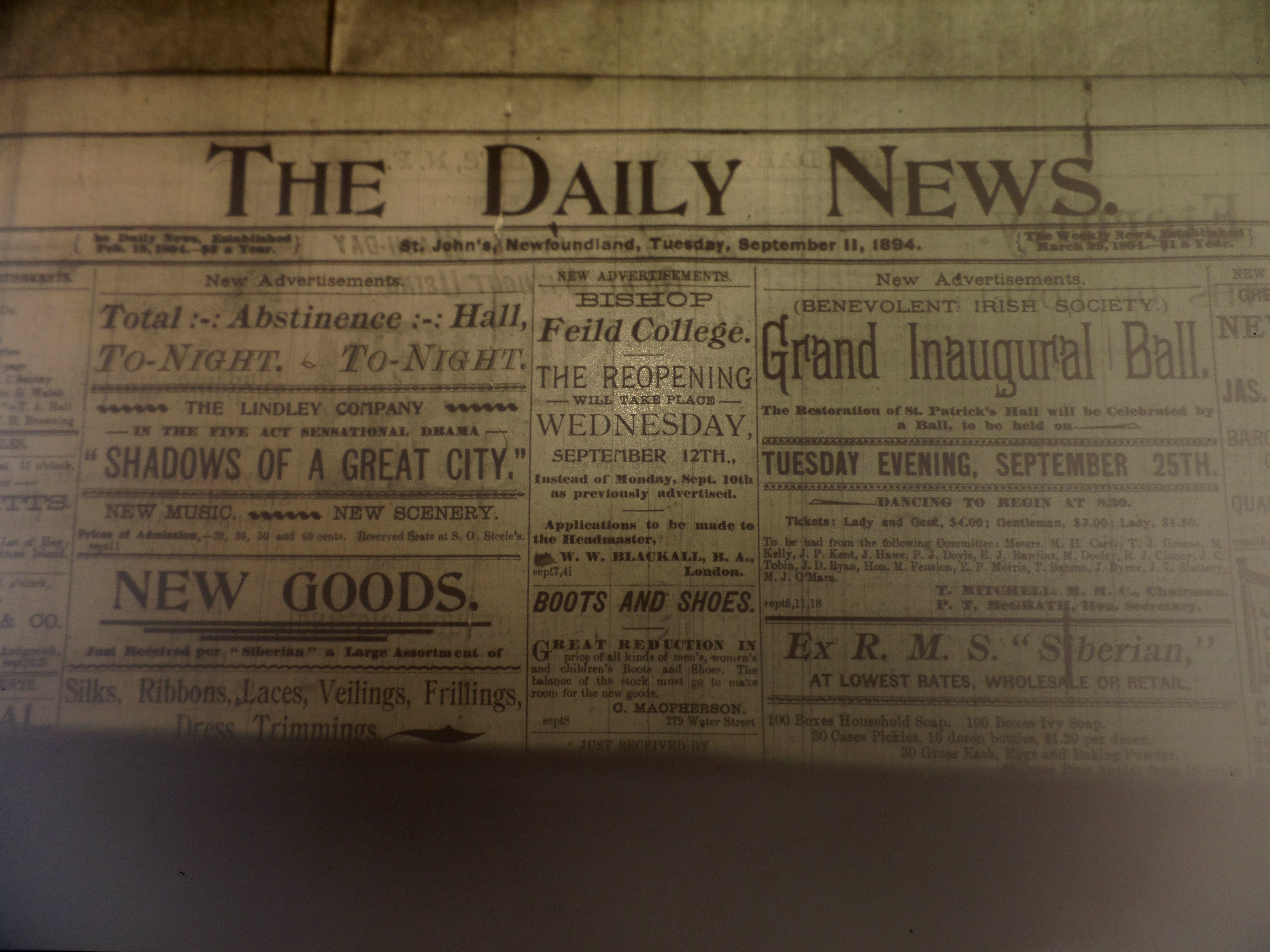 The front page of the Daily News in 1894. (CBC)