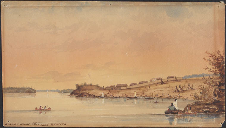 Norway House, Man., near Lake Winnipeg, ca. 1847. (Library and Archives Canada watercolour, touches of gouache over pencil, with scratching out on woven paper. MIKAN no.  2838348)