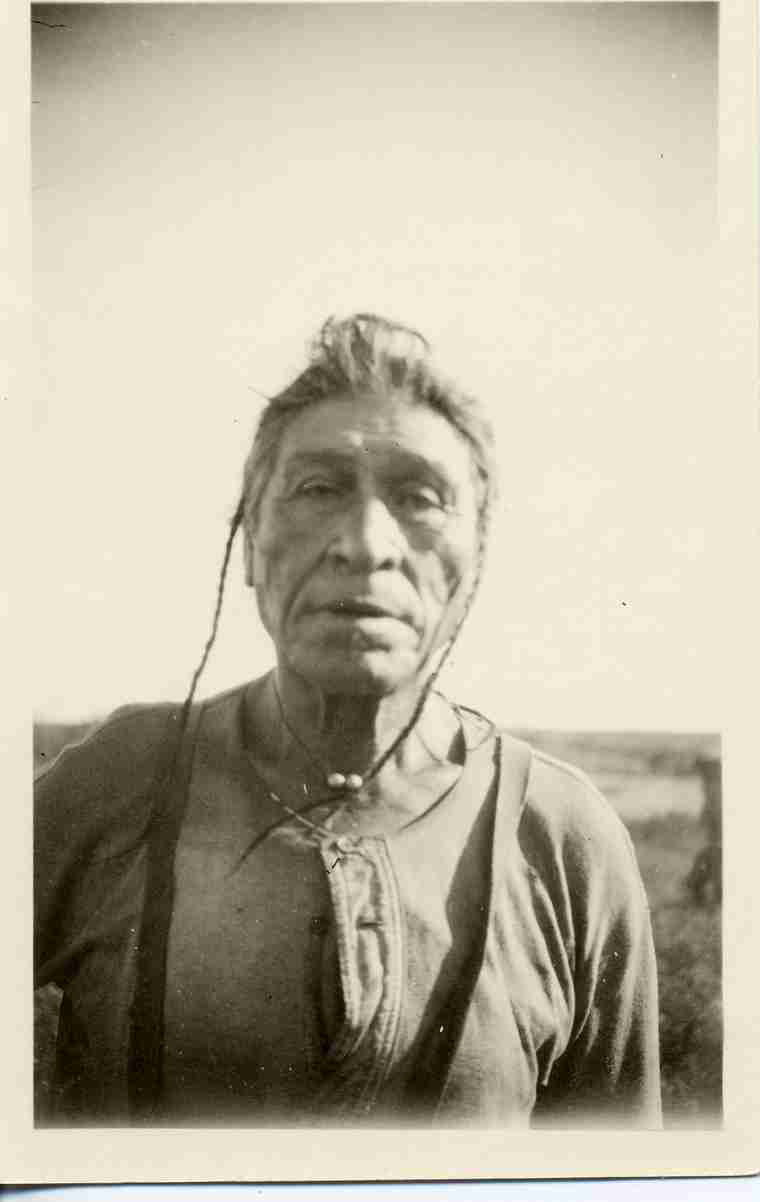 Old Chief Fine Day in farmer clothing (1920-1929). University of Saskatchewan Libraries Special Collections.