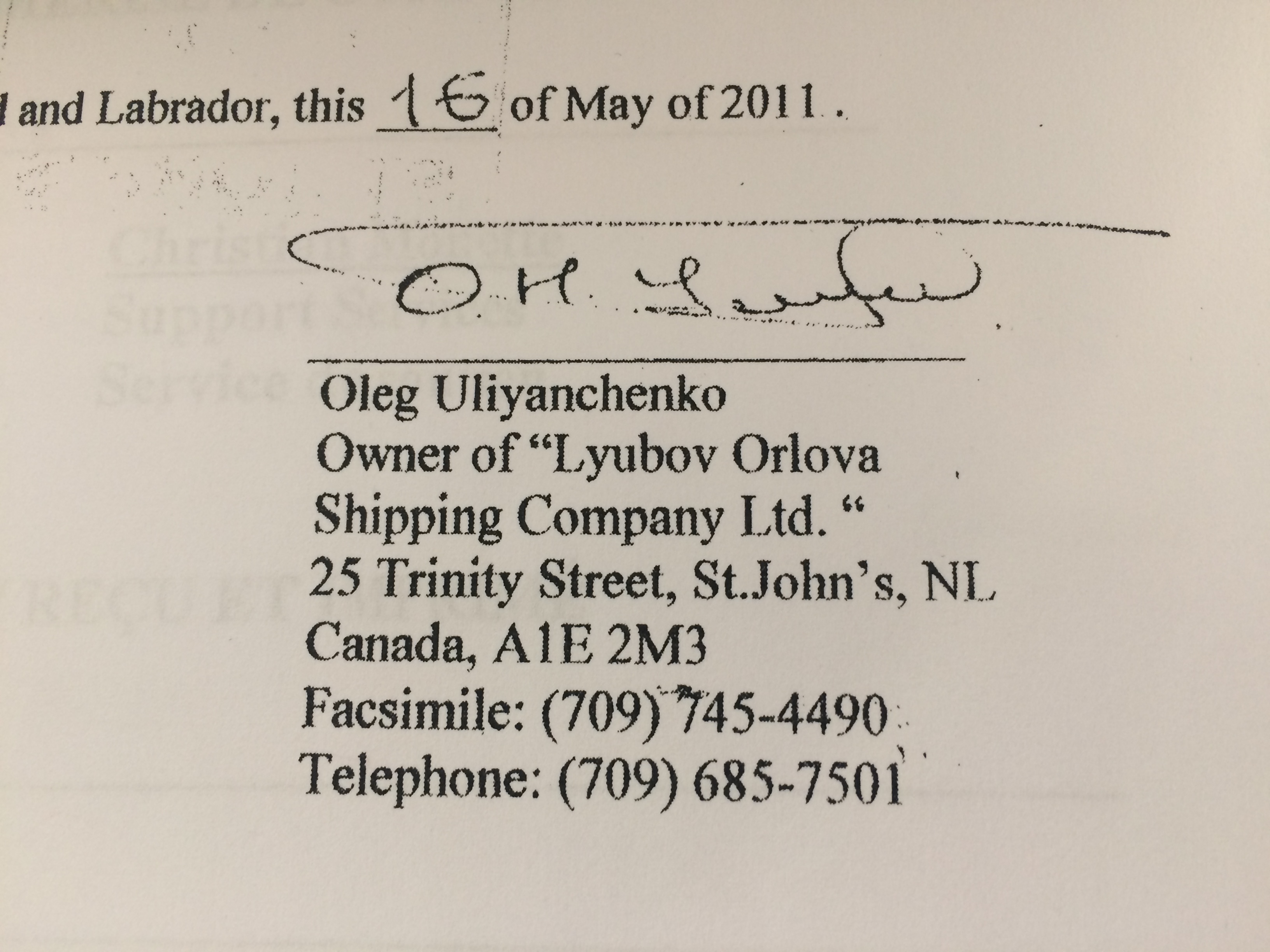 Oleg Uliyanchenko's signature on a statement of defence, filed in St. John's.