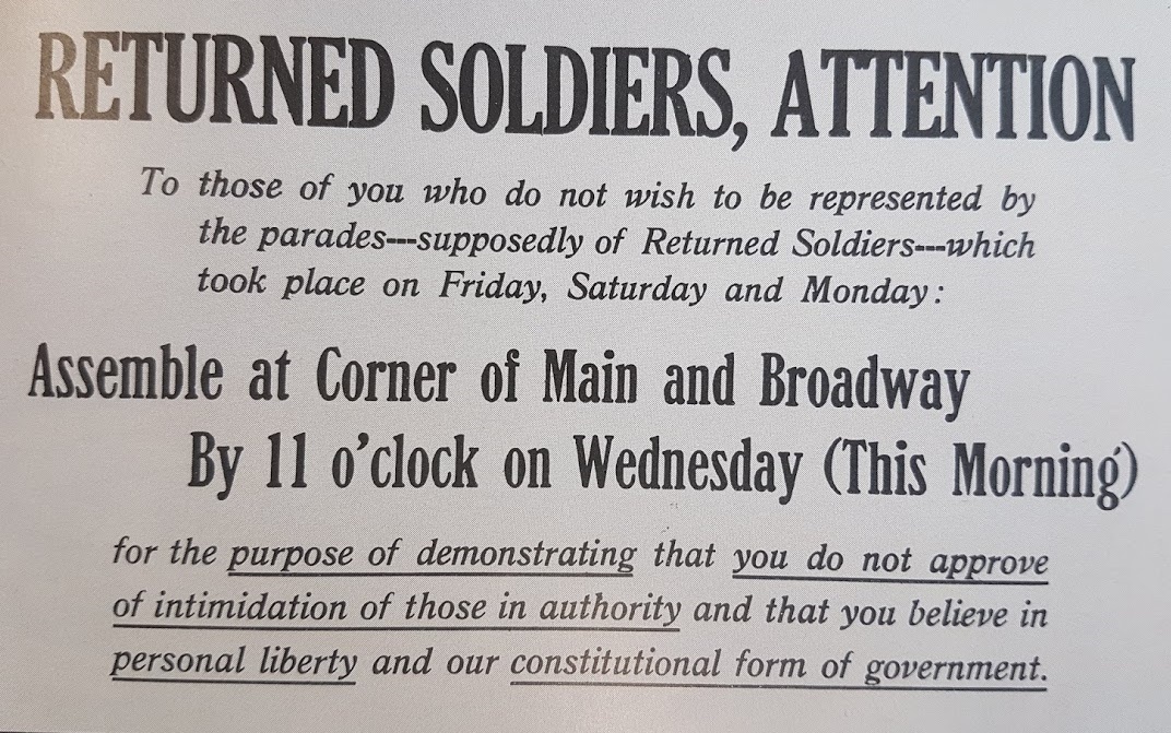 An advertisement in a newspaper calling for anti-strike soldiers to parade. (Archives of Manitoba)