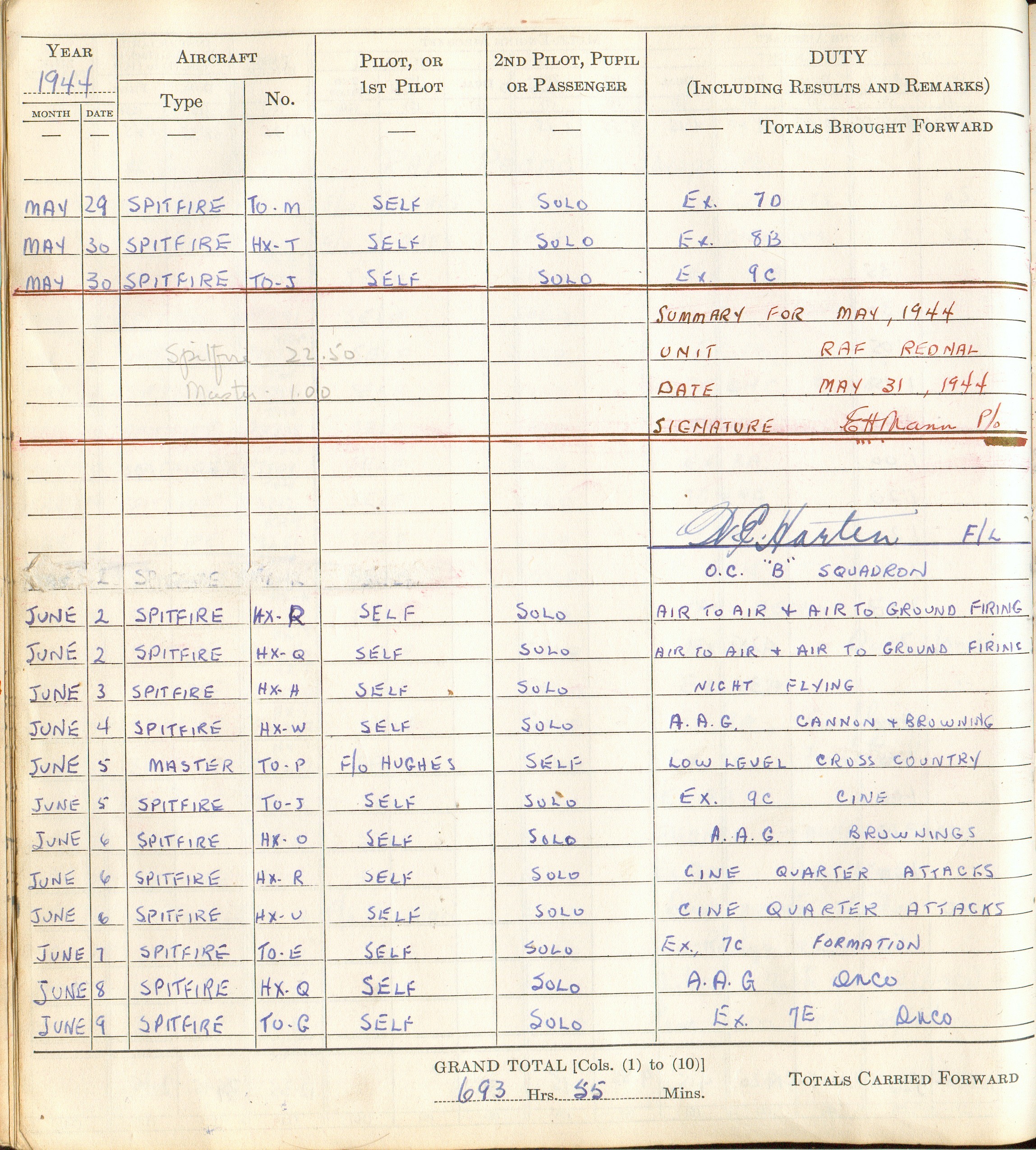 A page from Mann's flight logbook in 1944, around D-Day. (Submitted by Brian Mann)