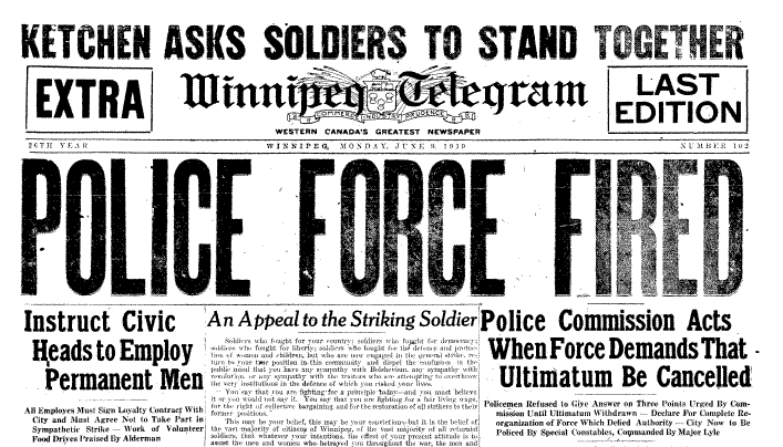 Headline in the Winnipeg Telegram's evening edition, the day the police force was fired. (Archives of Manitoba)