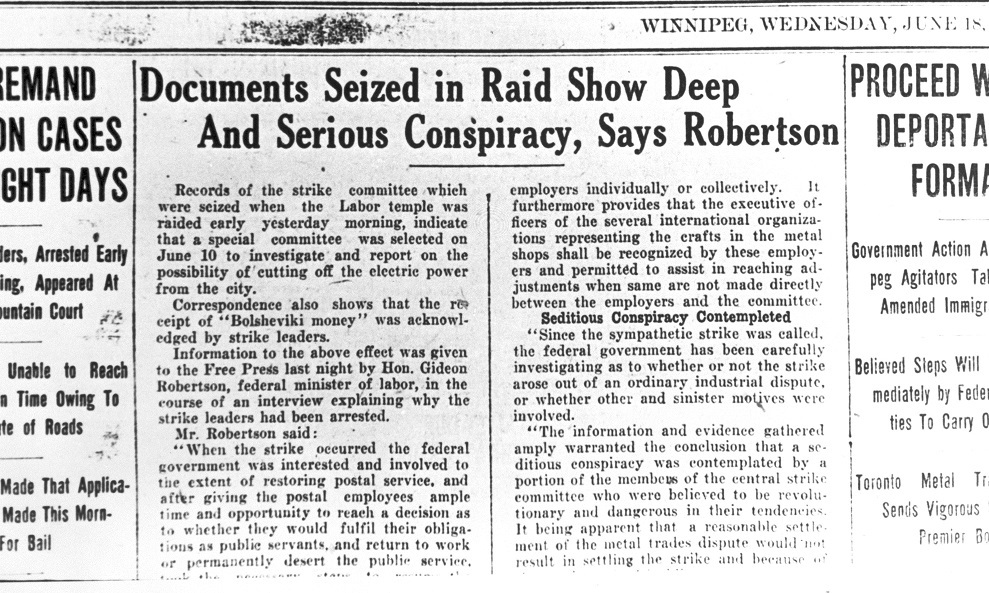 A headline claims that documents obtained in raids on strike leaders' homes and the Labour Temple revealed a seditious conspiracy. (University of Manitoba Archives)