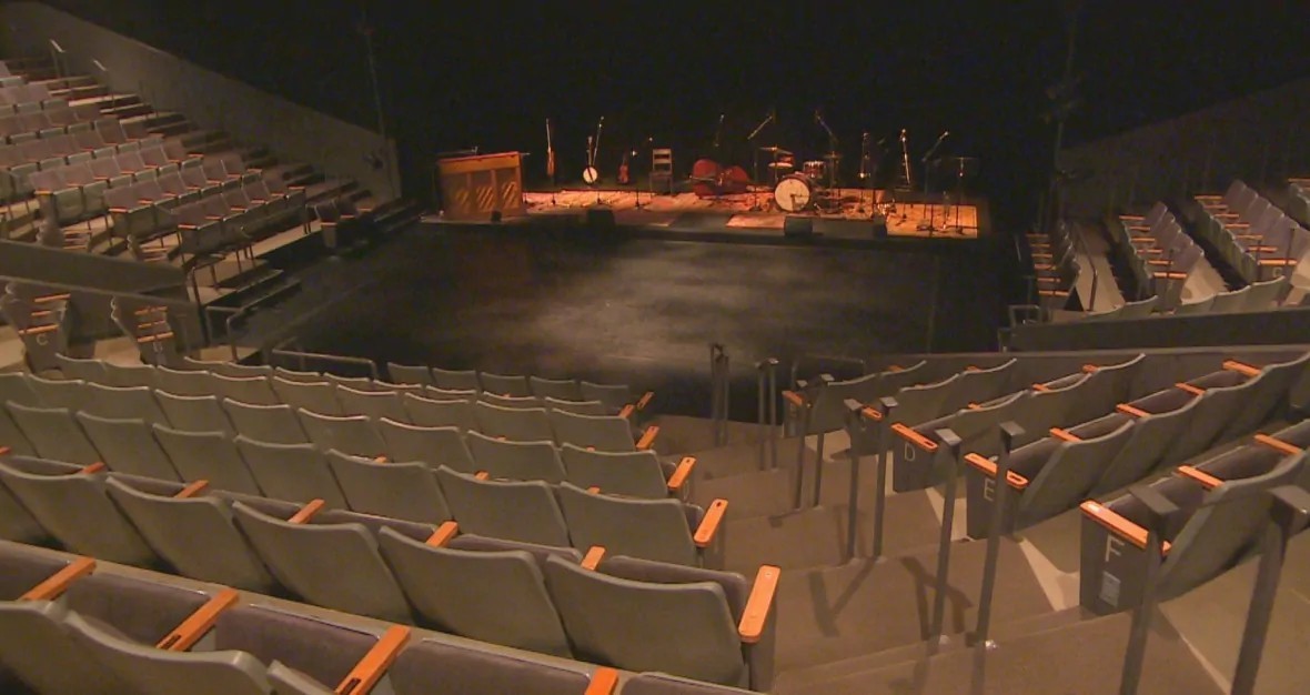 All was quiet inside Prairie Theatre Exchange in downtown Winnipeg as productions of stage shows were halted. (Gary Solilak/CBC)