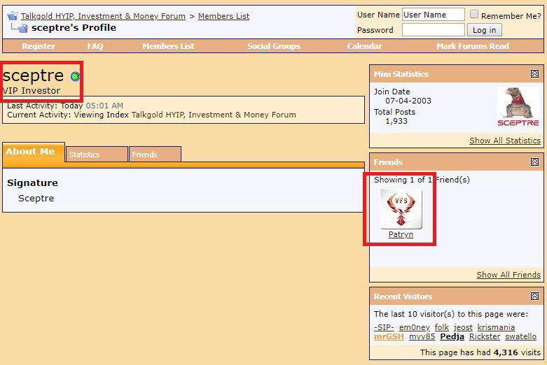 This screenshot captured on the Wayback Machine shows Patryn listed as Sceptre’s friend on the online forum TalkGold. (TalkGold)