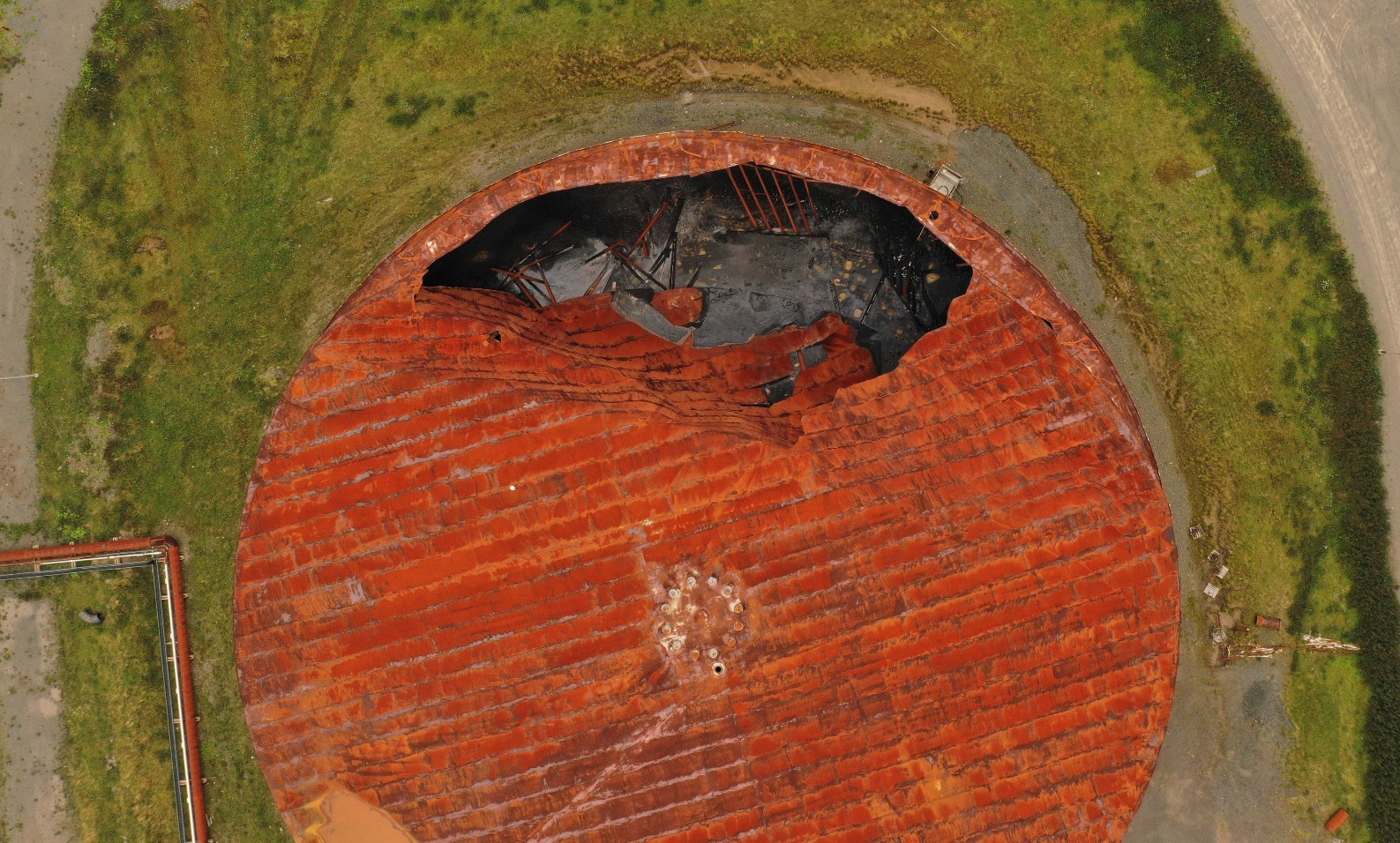 This aerial view of Tank 106 at the North Atlantic oil refinery in eastern Newfoundland was shot by a drone in September. (CBC)