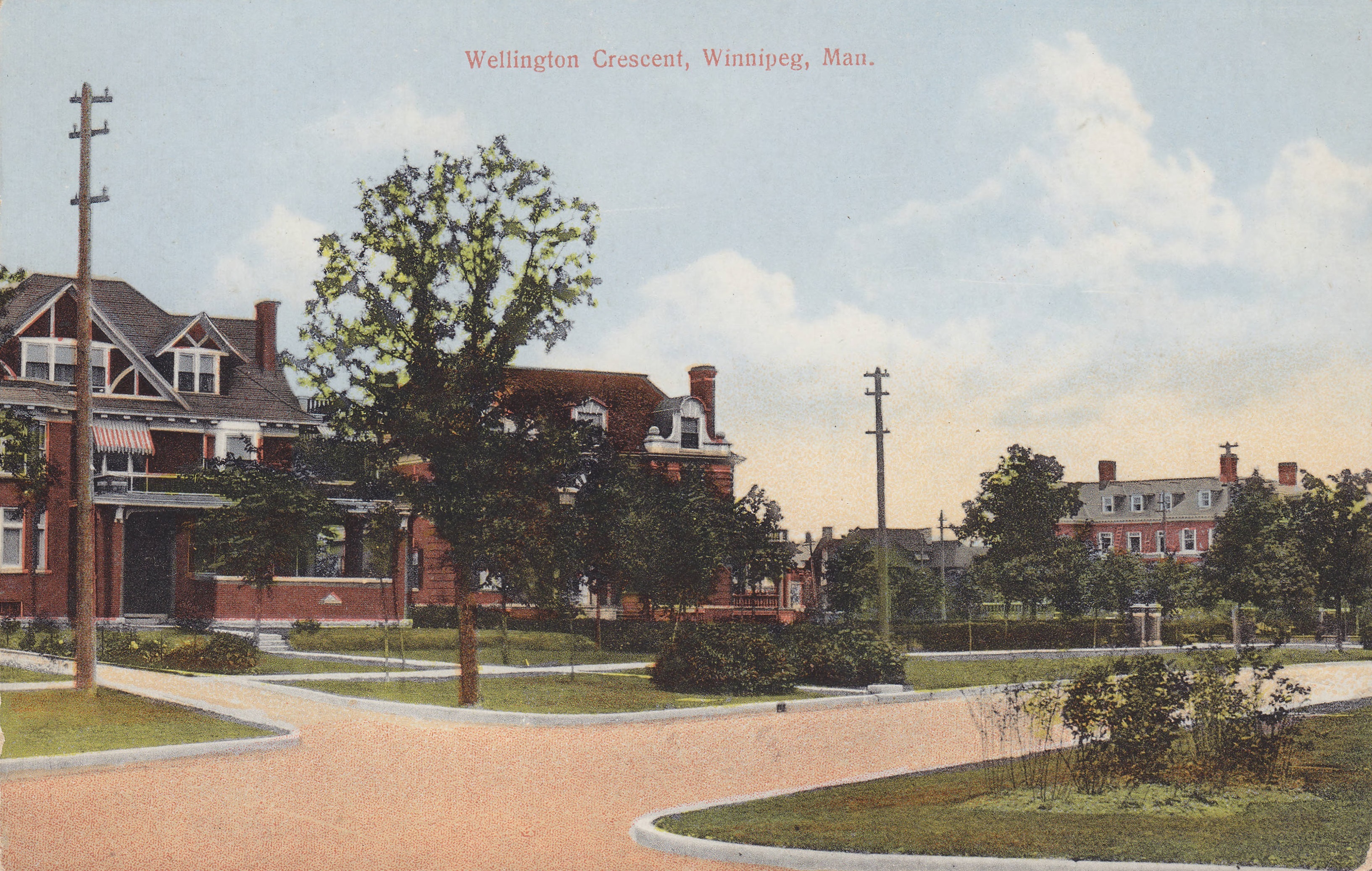 A postcard printed between 1903 and 1913 shows two stately mansions on the south side of Wellington Crescent. The homes, built in 1906, are still there in 2019. (Rob McInnes/Winnipeg Public Library)