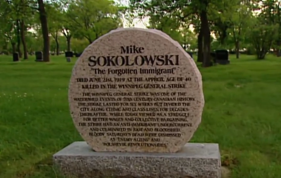 Mike Sokolowski's gravesite was finally marked with a headstone in 2003 — decades after he died on Bloody Saturday. (CBC)