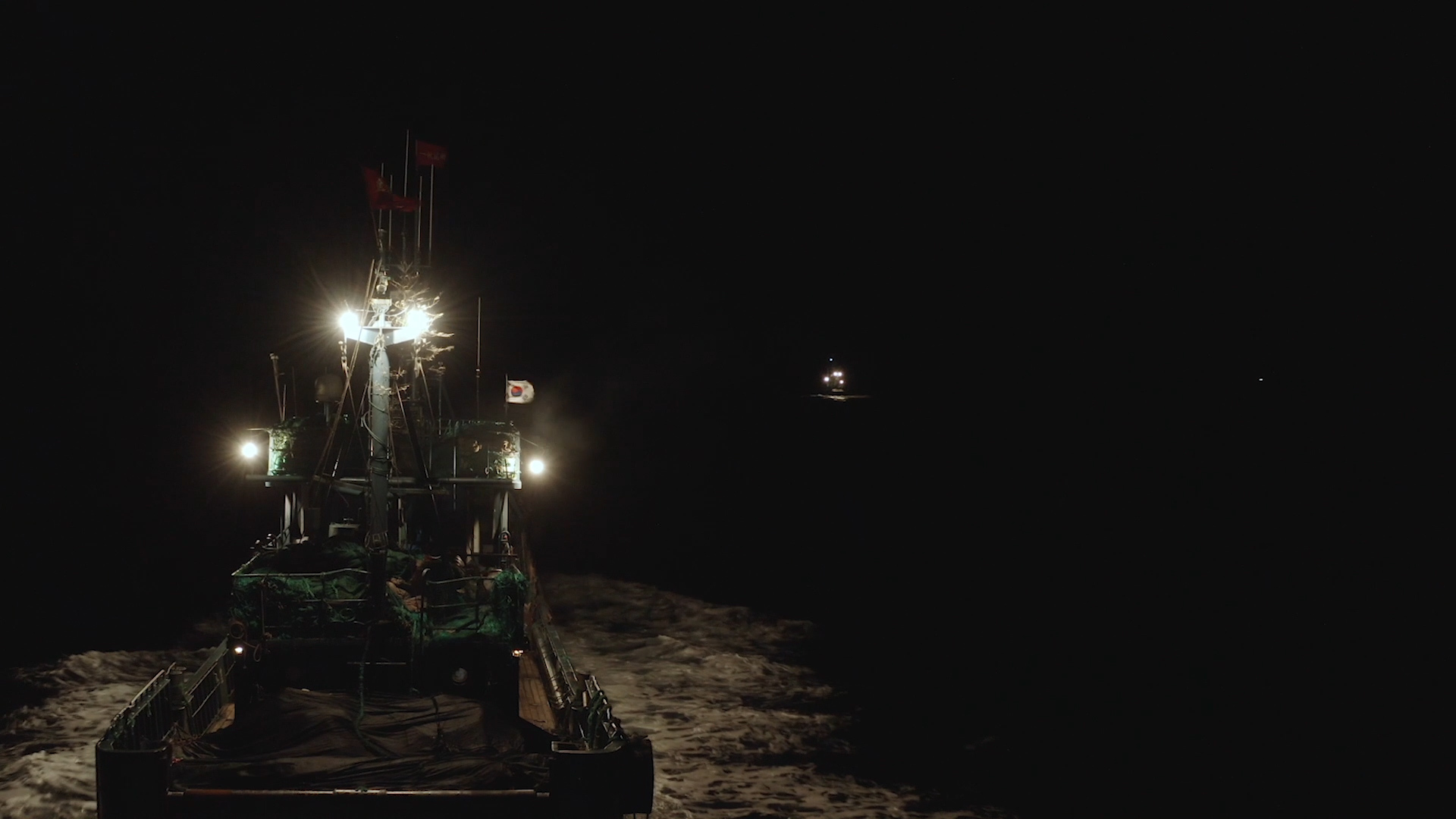 A Chinese squid trawler flying a South Korean flag spotted as The Outlaw Ocean Project and Global Fishing Watch staked out the waters between South and North Korea in the Sea of Japan, also known as the East Sea, last year. (South Korea Fisheries Agency/The Outlaw Ocean Project)