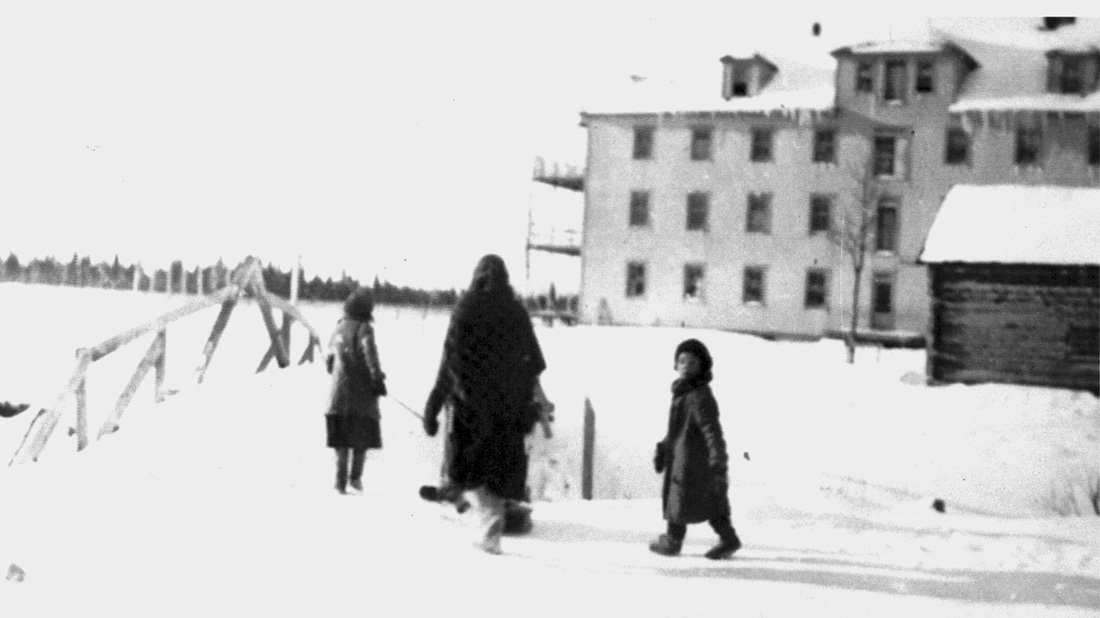 Outside St. Anne's in the 1940s. (Algoma University/Edmund Metatawabin Collection)