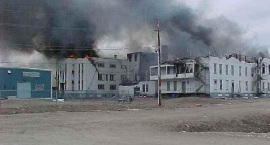 St. Anne's residential school burning in 2002. (CBC)