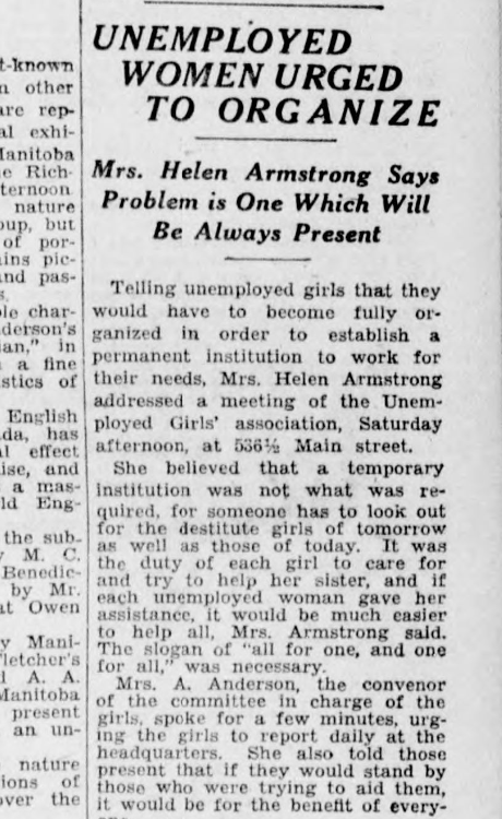 An article in the Winnipeg Evening Tribune from February 1930 reports on Helen Armstrong's ongoing efforts to encourage women to join unions, 11 years after the general strike. (Winnipeg Tribune collection/University of Manitoba)