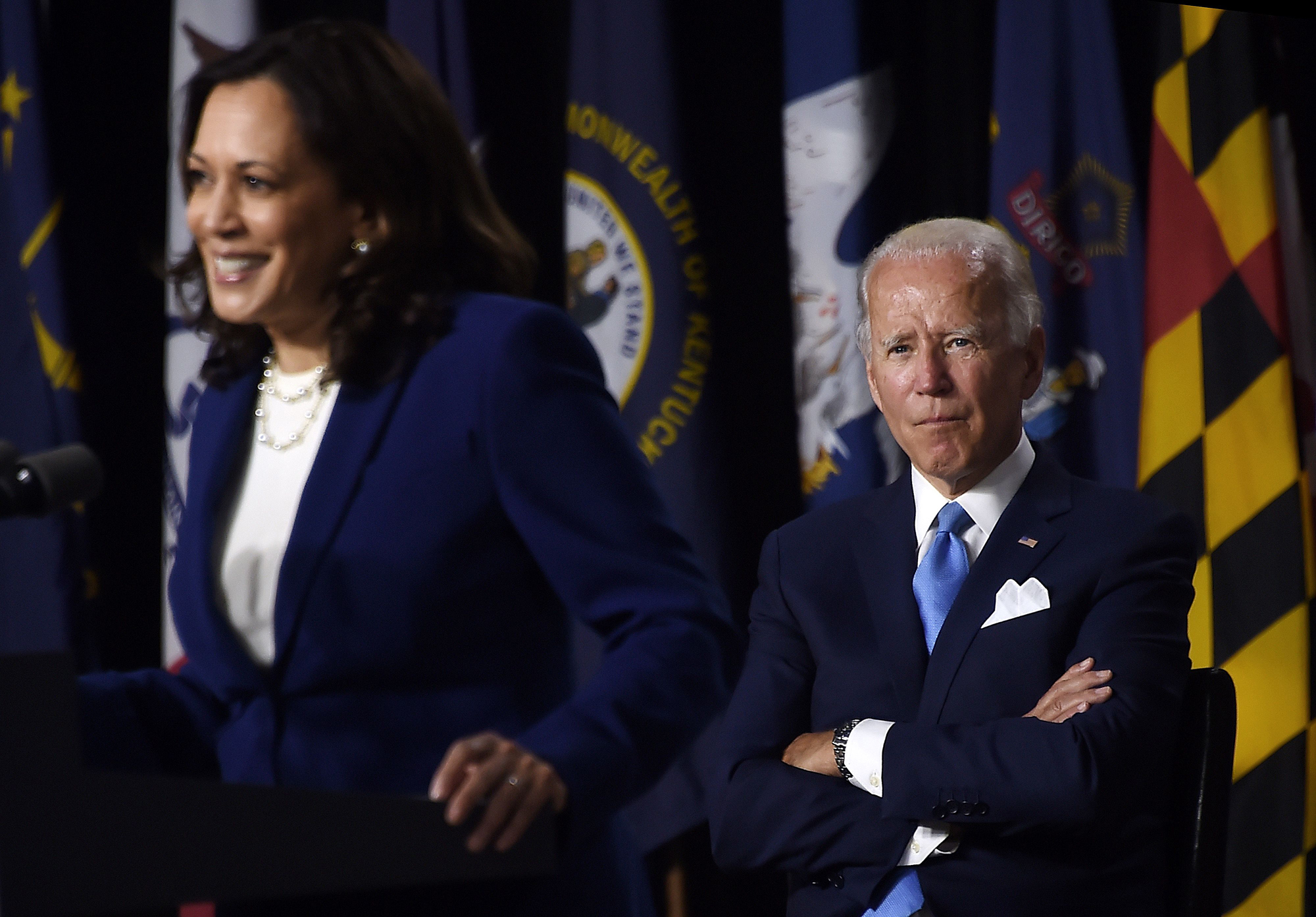 In August, Joe Biden, right, chose Sen. Kamala Harris, left, as his running mate in the 2020 election. (Olivier Douliery/AFP/Getty Images)