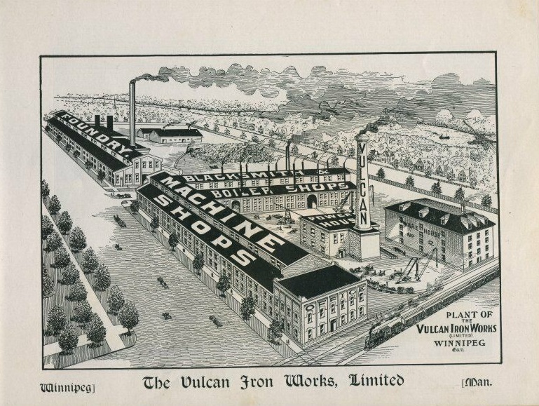 An illustration of the Vulcan Iron Works, which was a factory where workers fought for years for better conditions, pay and union representation. (Illustrated souvenir of Winnipeg and Dominion of Canada Exhibition)