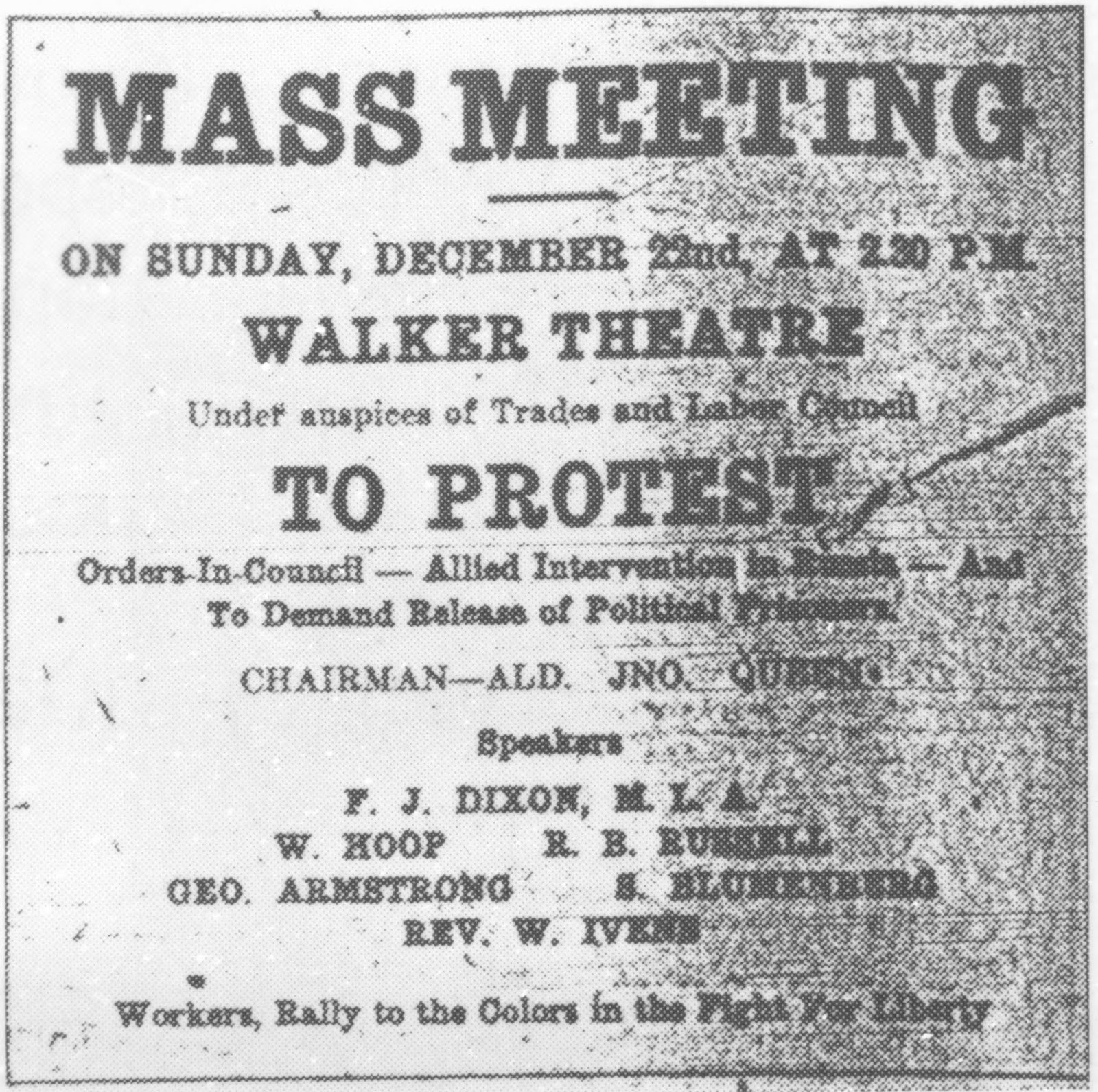 Labour leaders in Winnipeg held an assembly at the Walker Theatre in December 1918 where they decried capitalism. (Heritage Winnipeg)