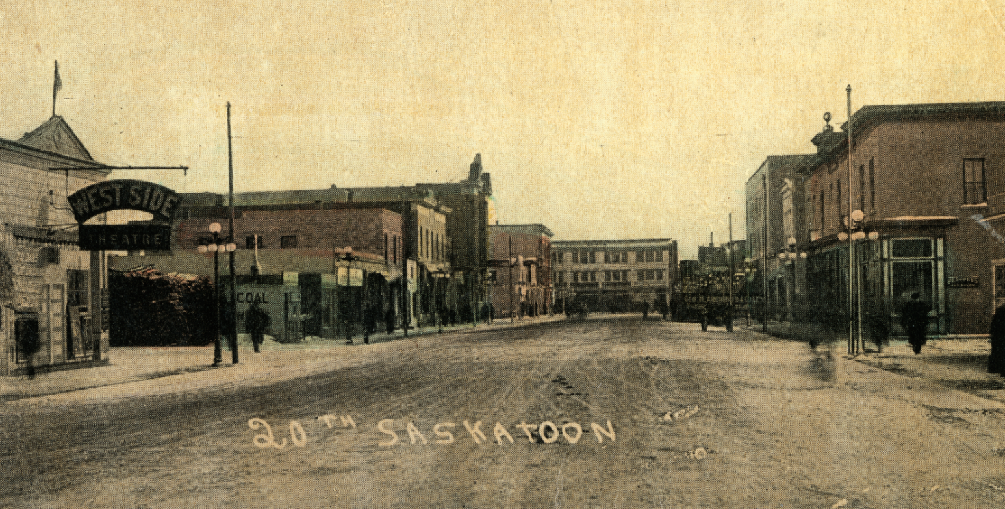 The West Side Theatre, shown here in 1912,  sat at the corner of Avenue C South and 20th Street West. A Scotiabank sits there now. (Saskatoon Public Library Local History Room; Photo PH-96-144)