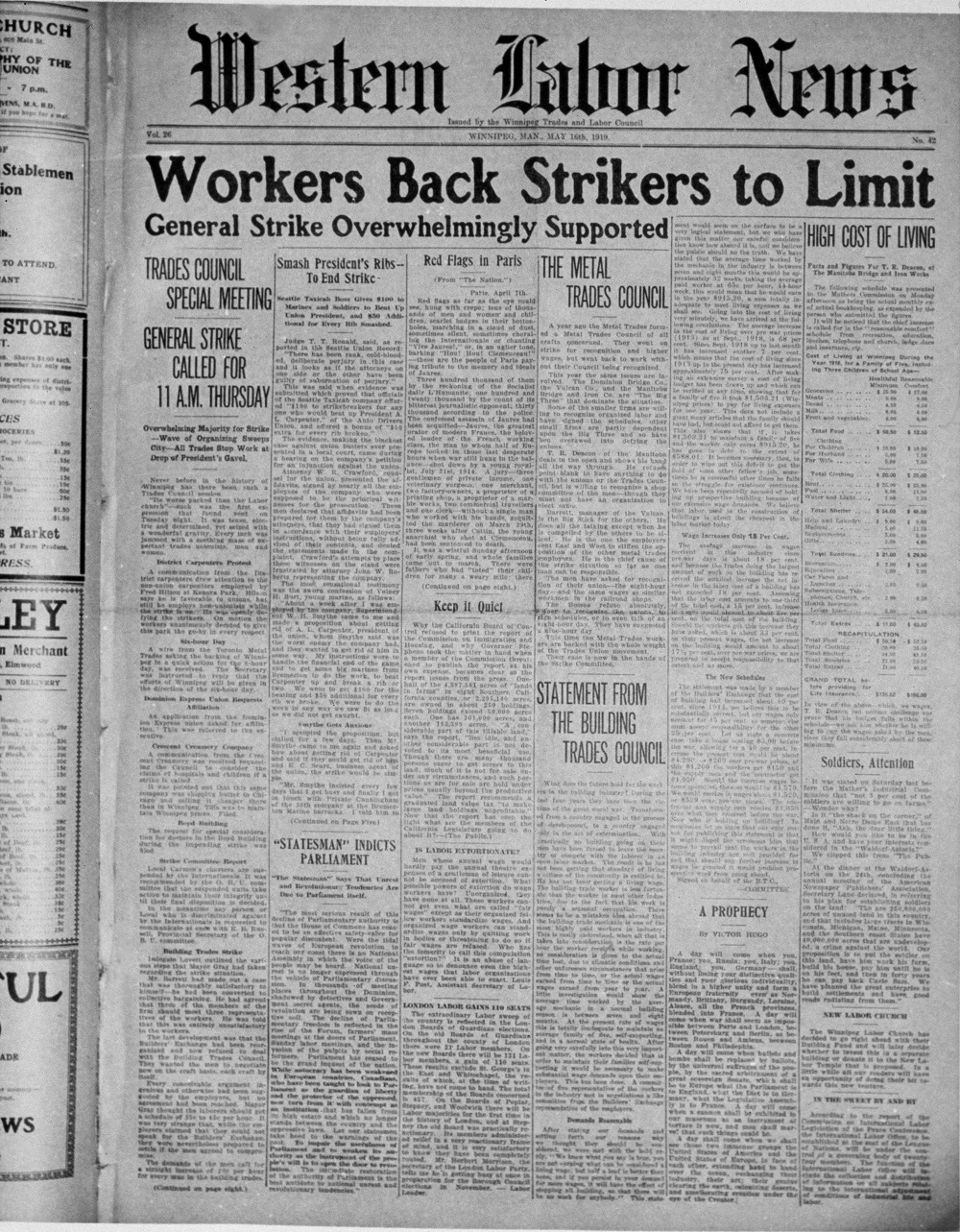 The front page of the Western Labour News on May 16, 1919, trumpets the overwhelming support for a general strike, while another article talks about the high cost of living. (Archives of Manitoba)