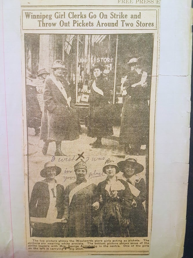 Helen Armstrong poses with Woolworth's workers after leading them out on strike. (Archives of Manitoba/Helen Armstrong fonds)