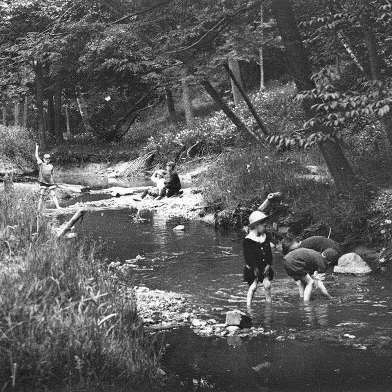 Archive pic of taddle creekA black and white photo of children playing in a shallow creek in the woods.